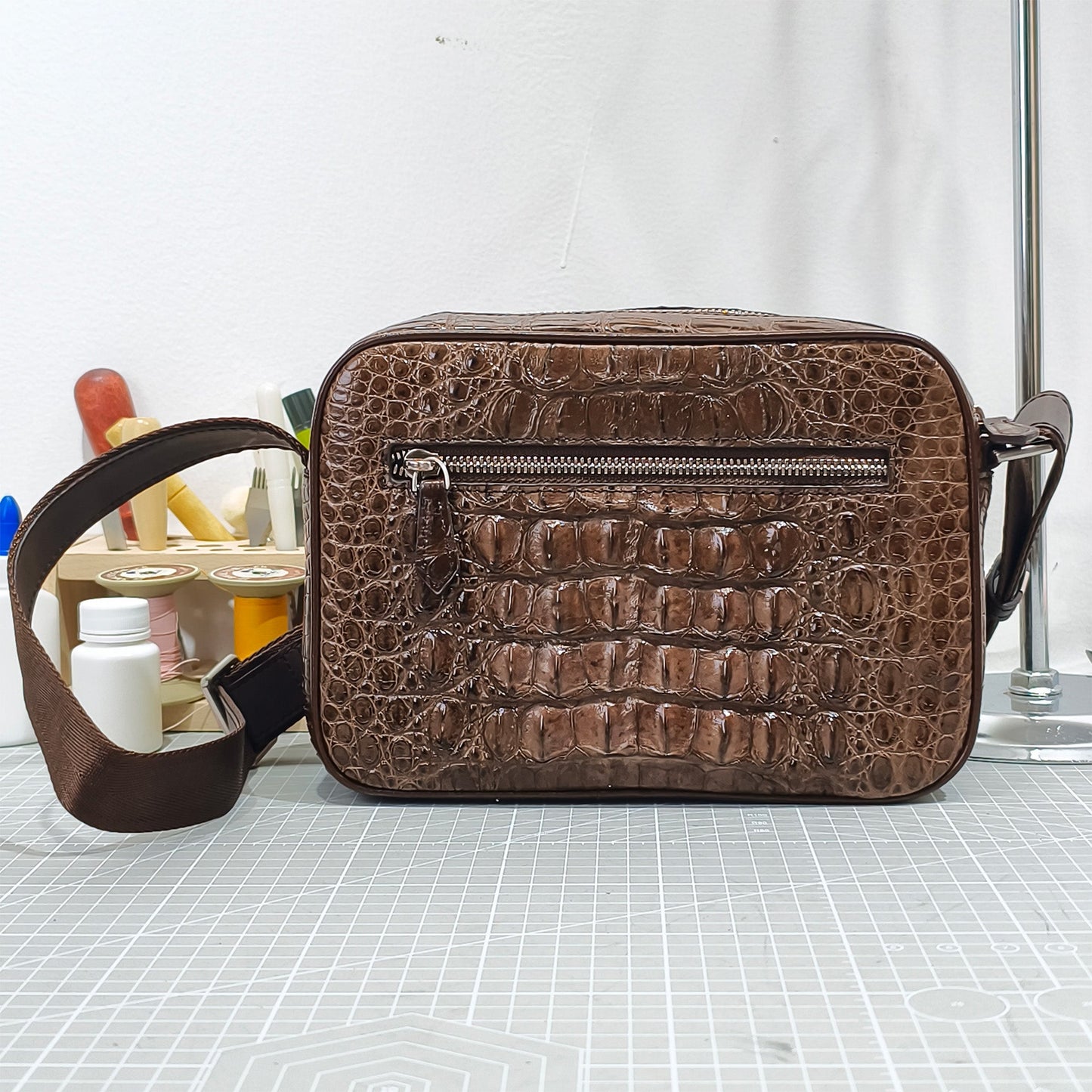 Handmade Genuine Alligator Leather Crossbody Bag, Rich Brown with Signature Scale Detail