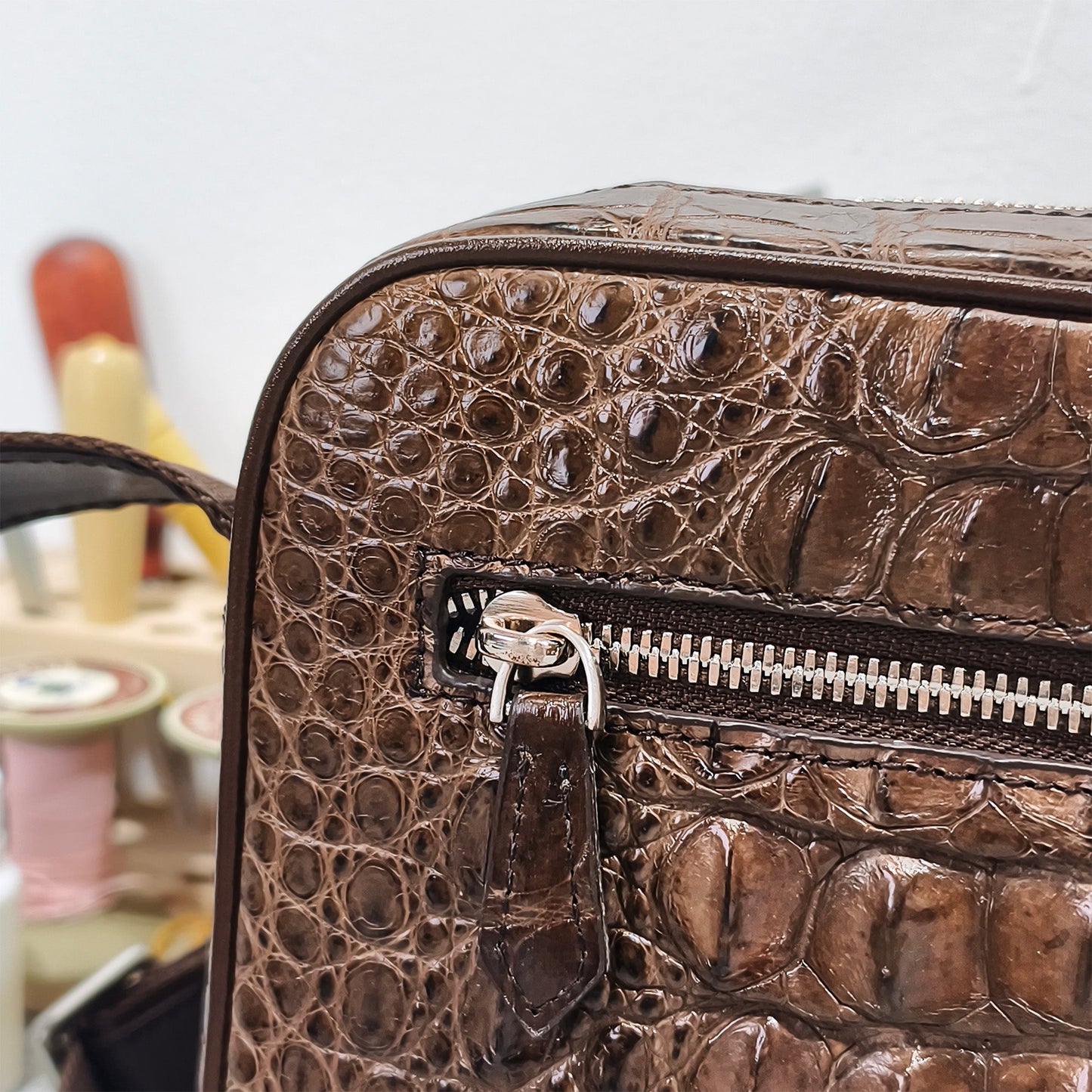 Handmade Genuine Alligator Leather Crossbody Bag, Rich Brown with Signature Scale Detail