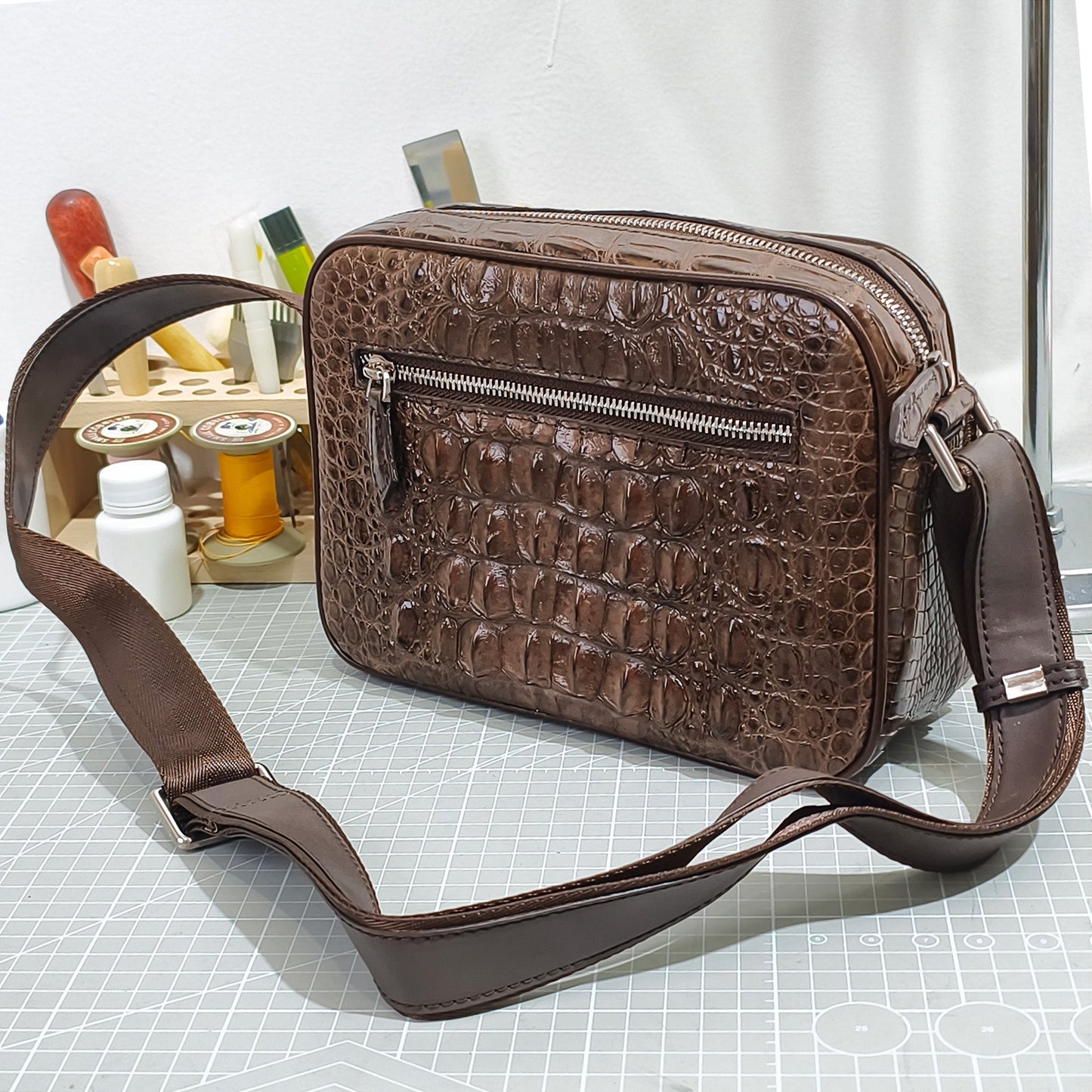 Handmade Genuine Alligator Leather Crossbody Bag, Rich Brown with Signature Scale Detail