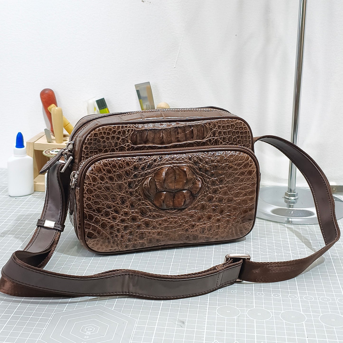 Handmade Genuine Alligator Leather Crossbody Bag, Rich Brown with Signature Scale Detail