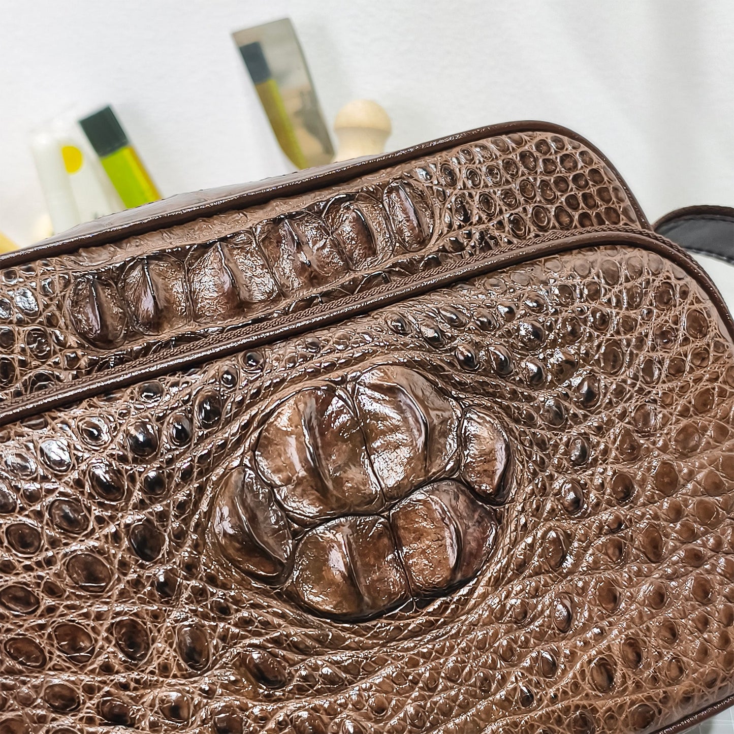 Handmade Genuine Alligator Leather Crossbody Bag, Rich Brown with Signature Scale Detail