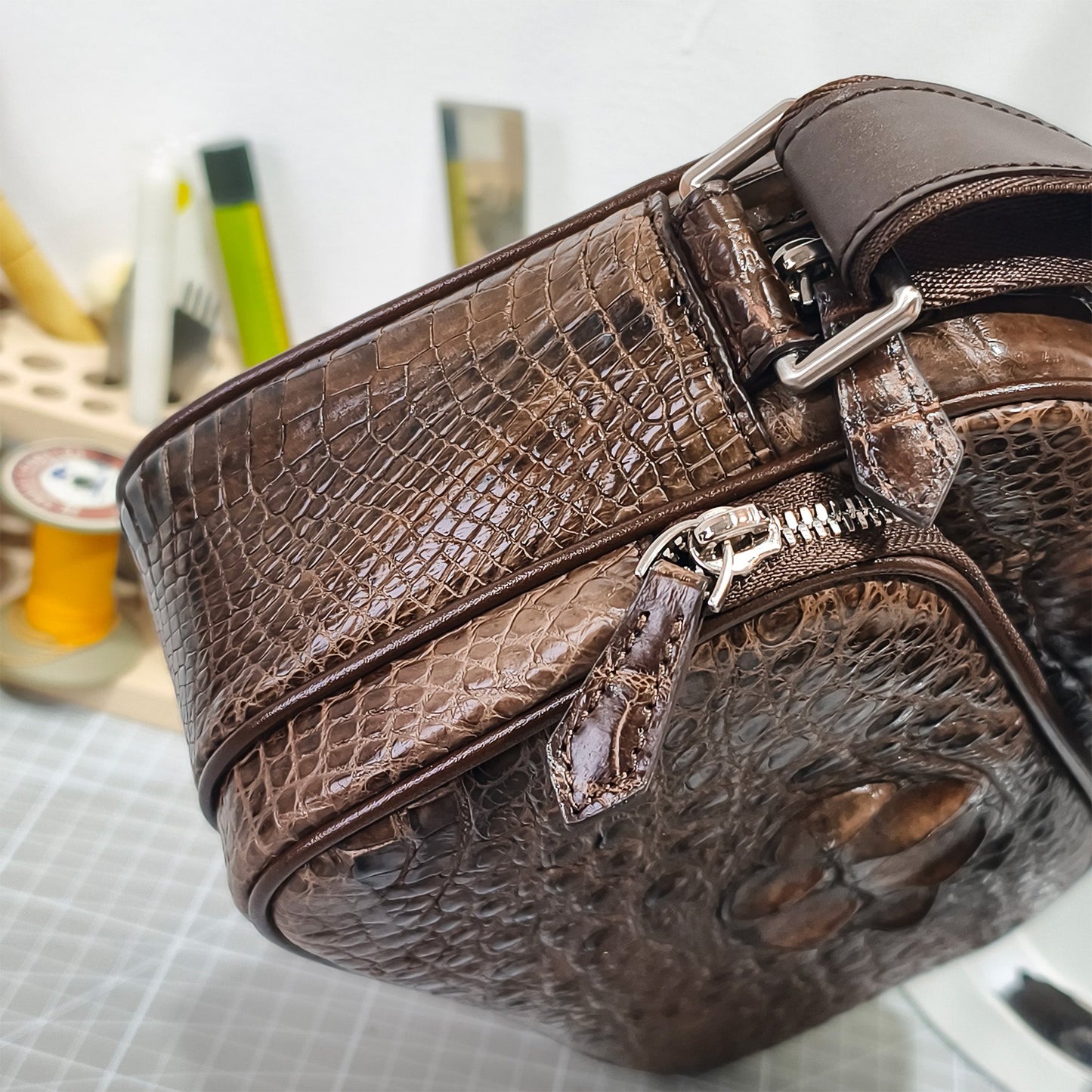 Handmade Genuine Alligator Leather Crossbody Bag, Rich Brown with Signature Scale Detail