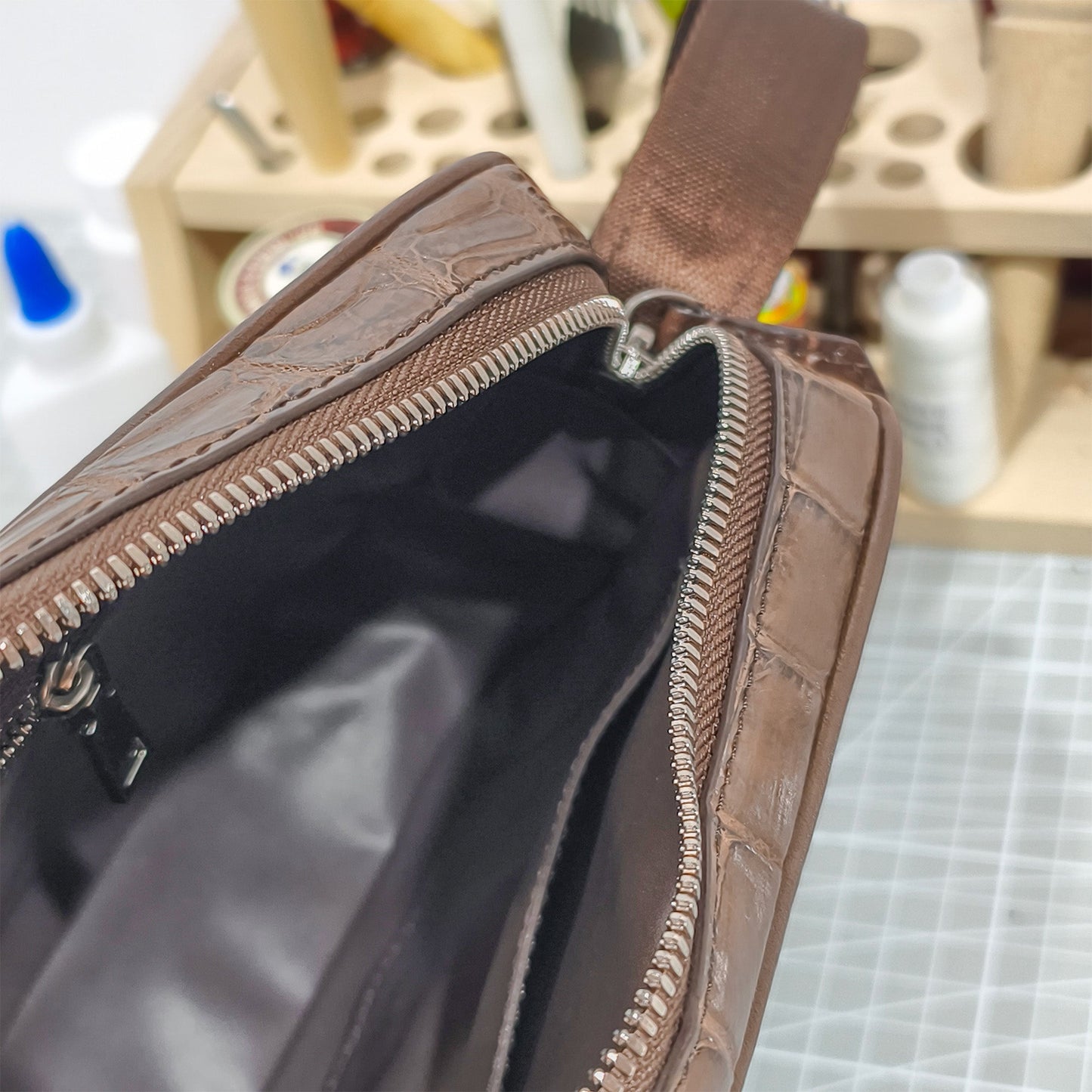 Handmade Genuine Alligator Leather Crossbody Bag, Rich Brown with Signature Scale Detail