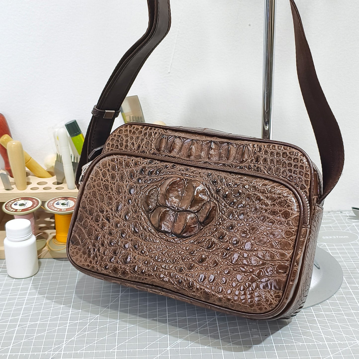 Handmade Genuine Alligator Leather Crossbody Bag, Rich Brown with Signature Scale Detail