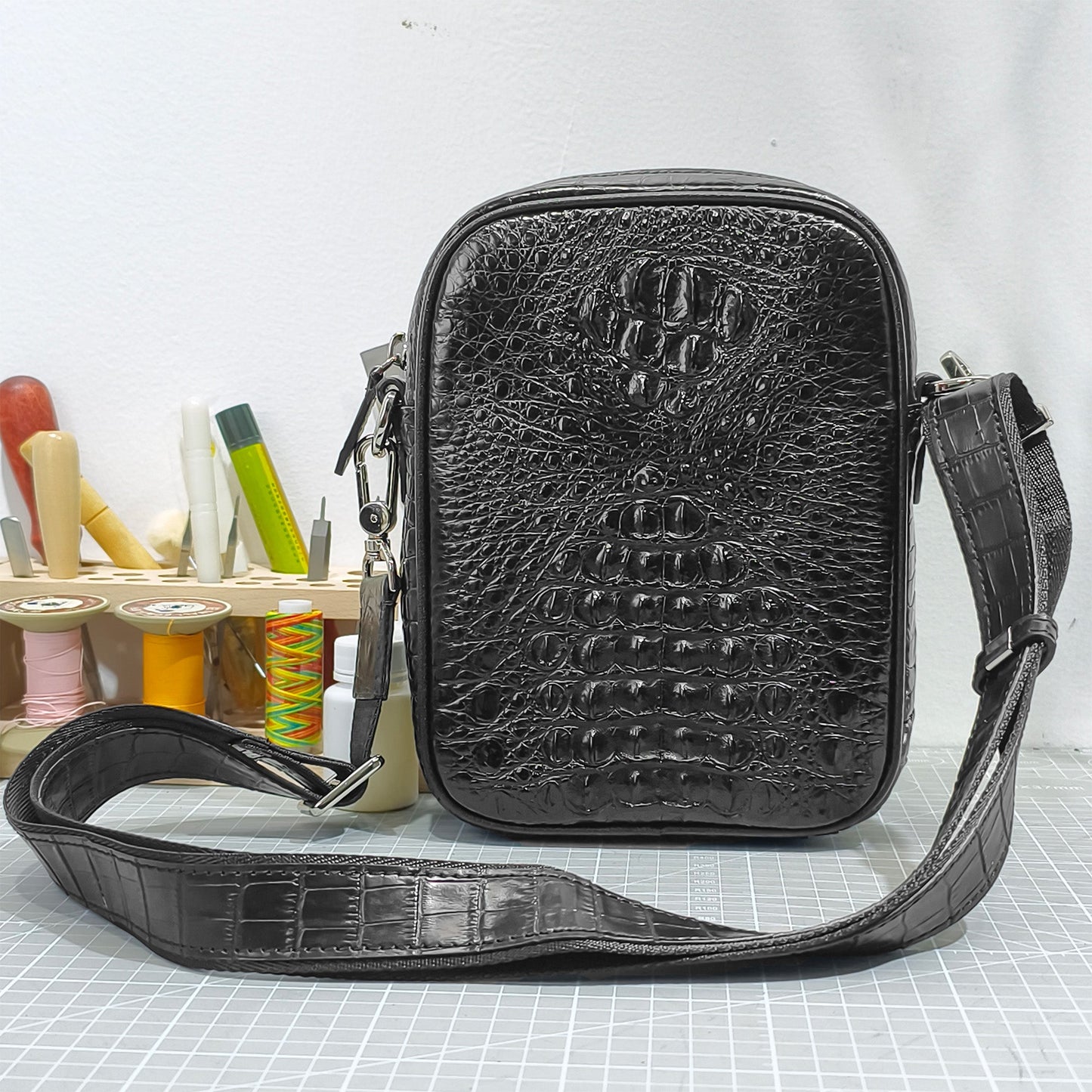 Handmade Genuine Alligator Bone Leather Crossbody Bag, Glossy Black with Distinctive Scale Texture
