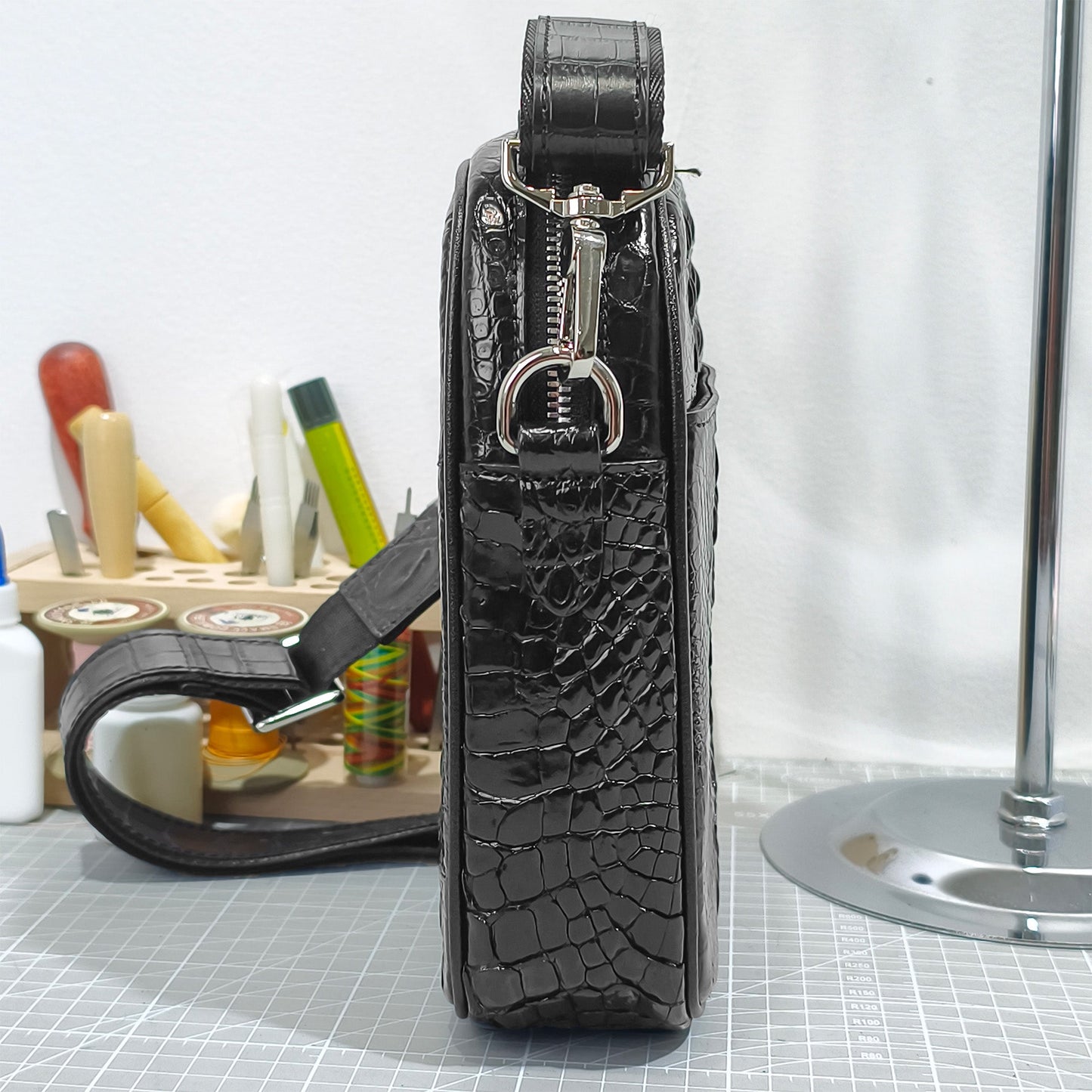 Handmade Genuine Alligator Bone Leather Crossbody Bag, Glossy Black with Distinctive Scale Texture