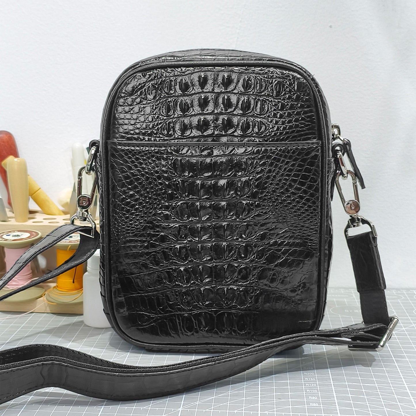 Handmade Genuine Alligator Bone Leather Crossbody Bag, Glossy Black with Distinctive Scale Texture