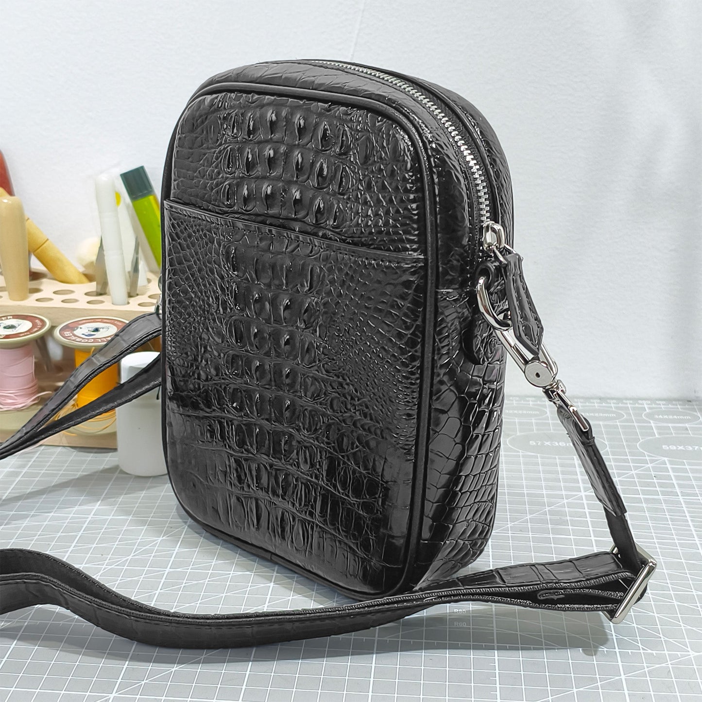 Handmade Genuine Alligator Bone Leather Crossbody Bag, Glossy Black with Distinctive Scale Texture