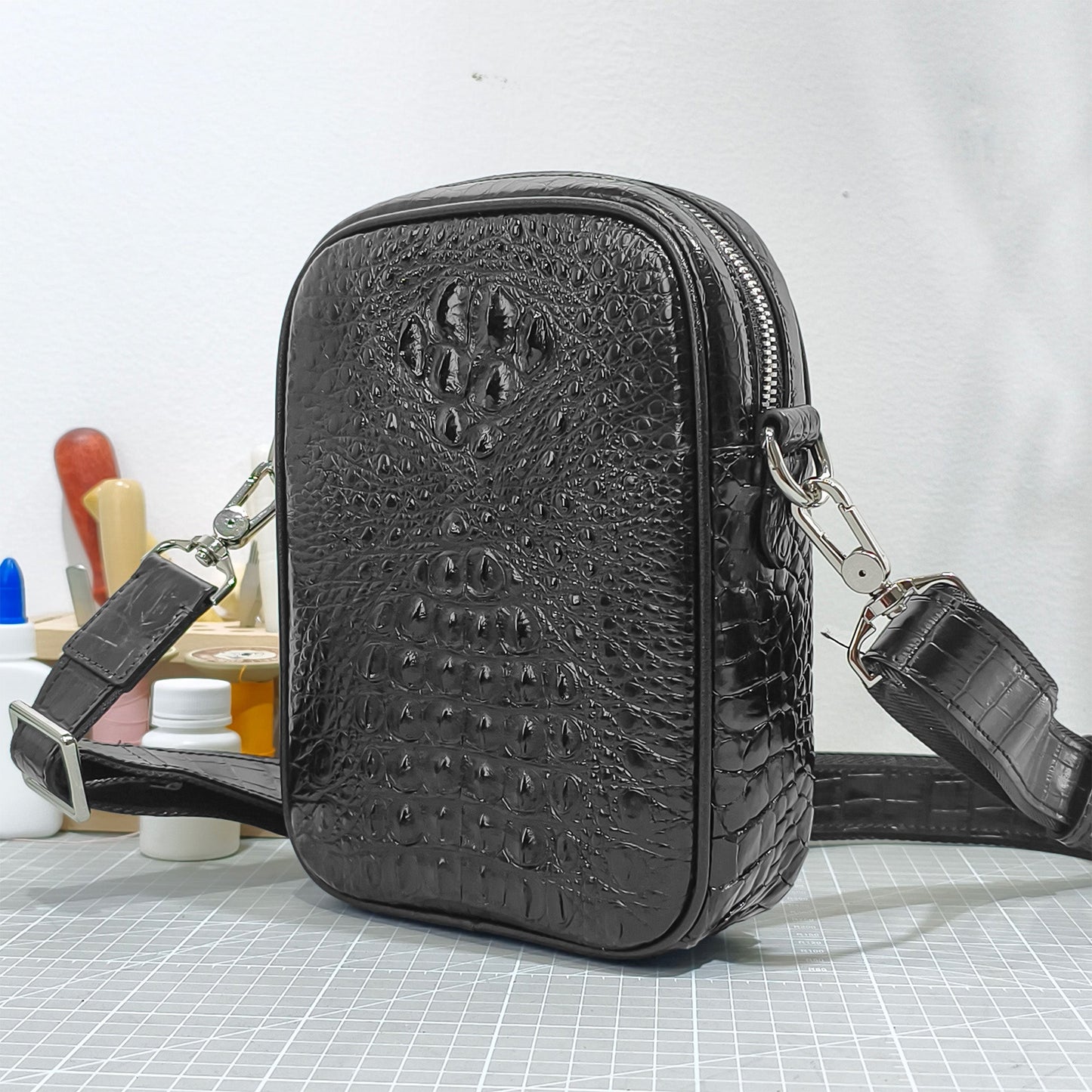 Handmade Genuine Alligator Bone Leather Crossbody Bag, Glossy Black with Distinctive Scale Texture