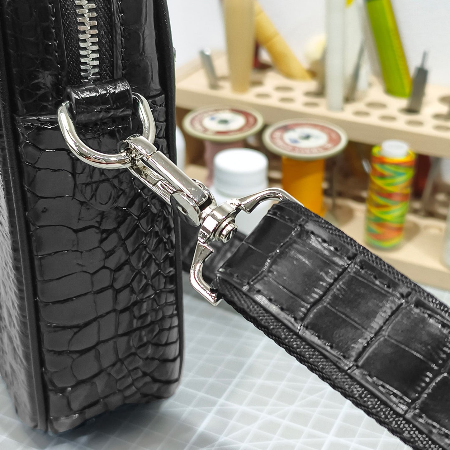 Handmade Genuine Alligator Bone Leather Crossbody Bag, Glossy Black with Distinctive Scale Texture