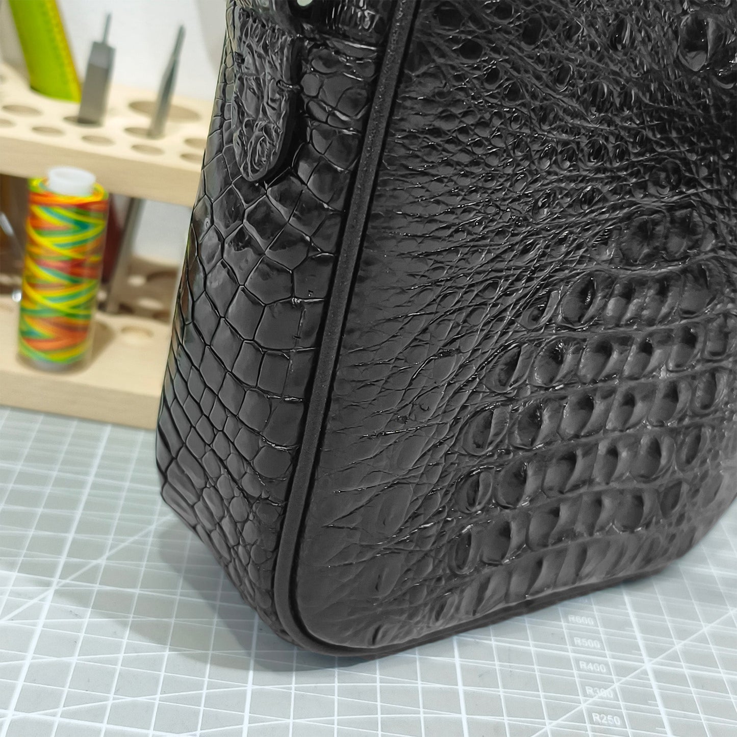 Handmade Genuine Alligator Bone Leather Crossbody Bag, Glossy Black with Distinctive Scale Texture