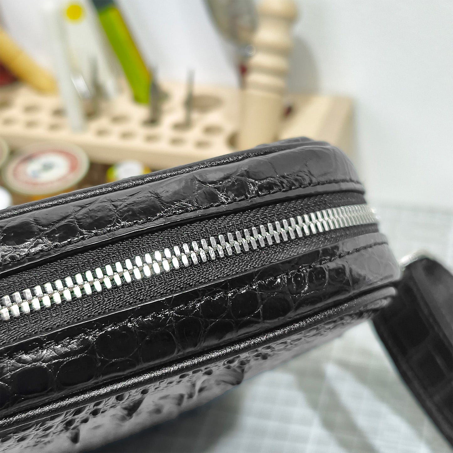 Handmade Genuine Alligator Bone Leather Crossbody Bag, Glossy Black with Distinctive Scale Texture