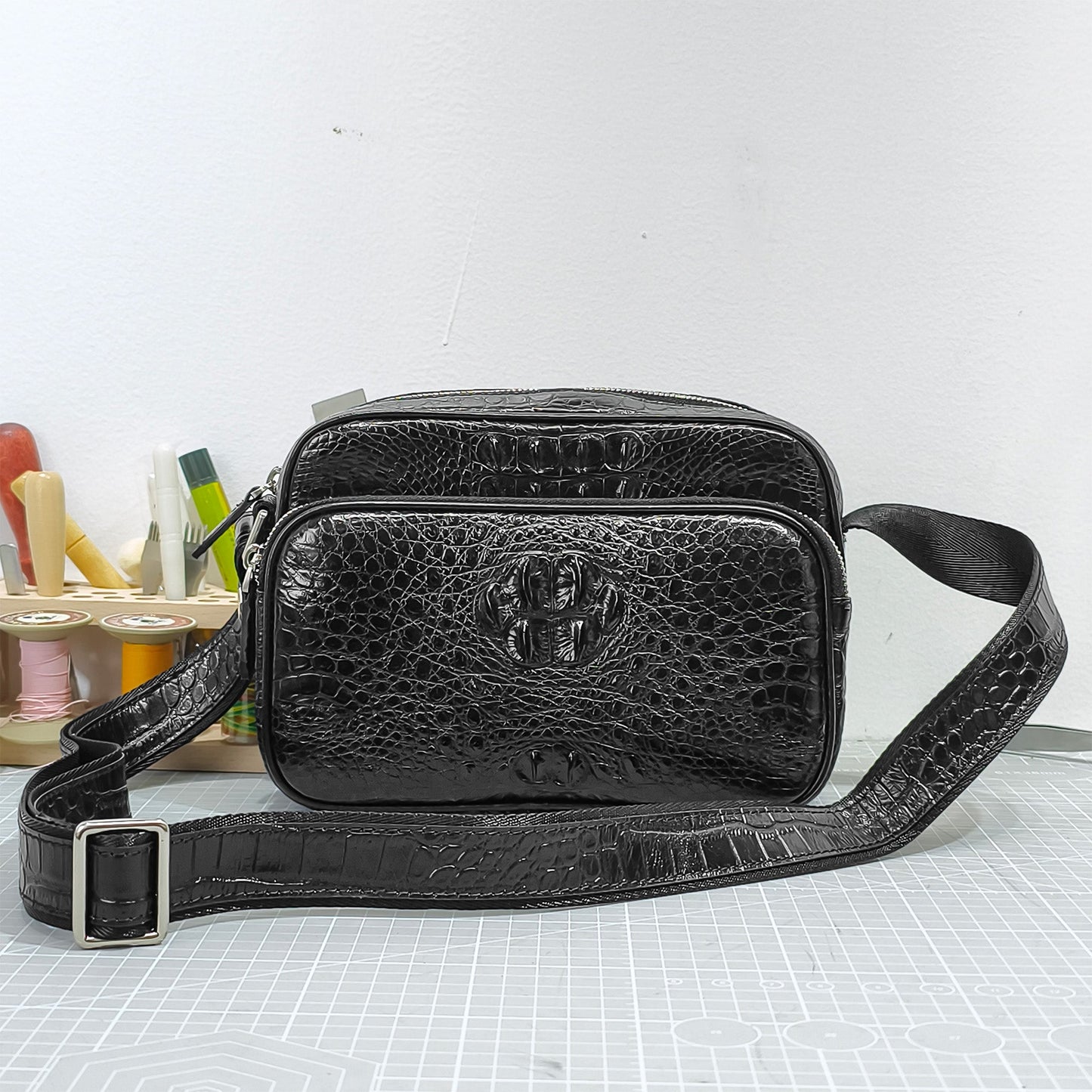 Handmade Genuine Alligator Leather Crossbody Bag, Glossy Black with Silver-Tone Hardware