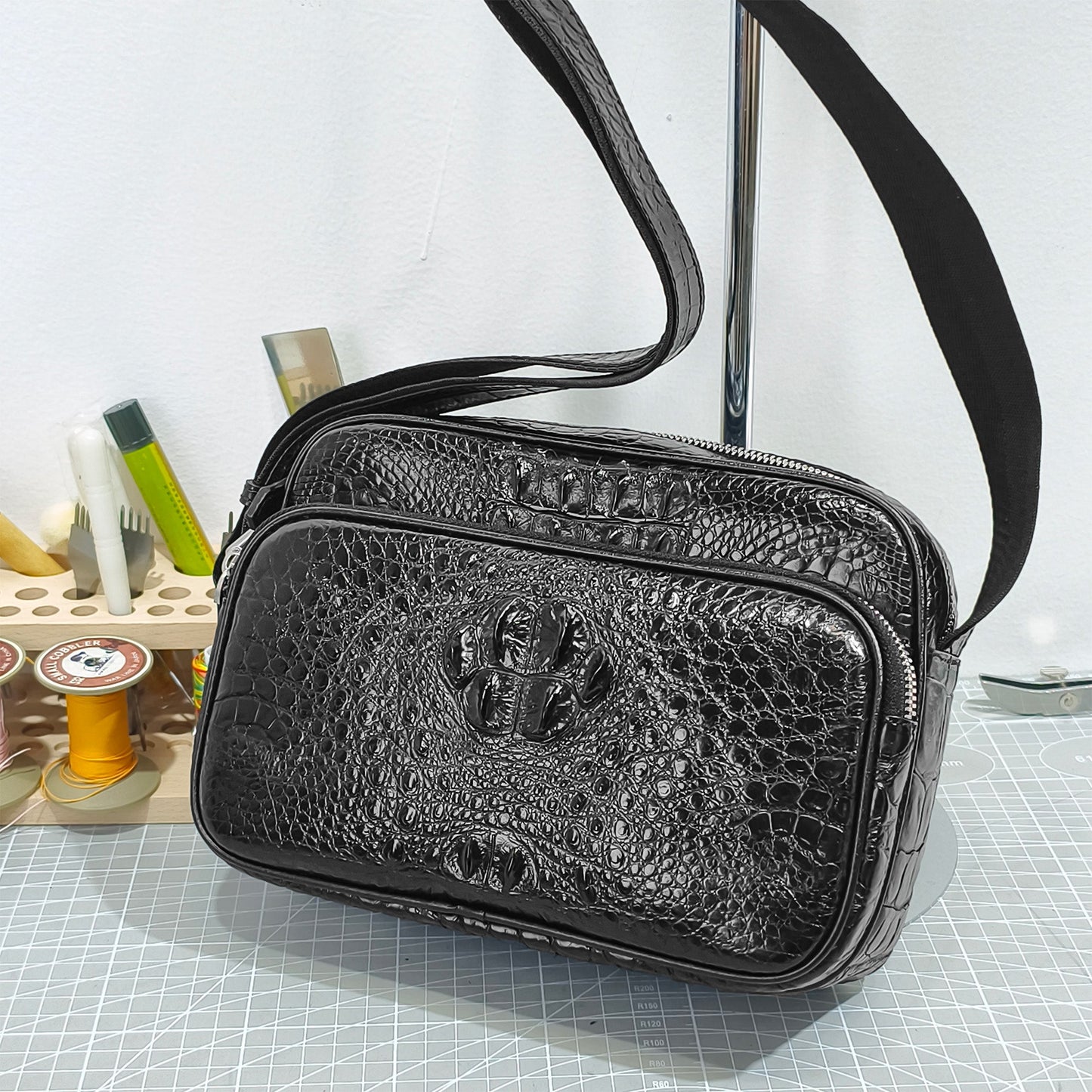 Handmade Genuine Alligator Leather Crossbody Bag, Glossy Black with Silver-Tone Hardware