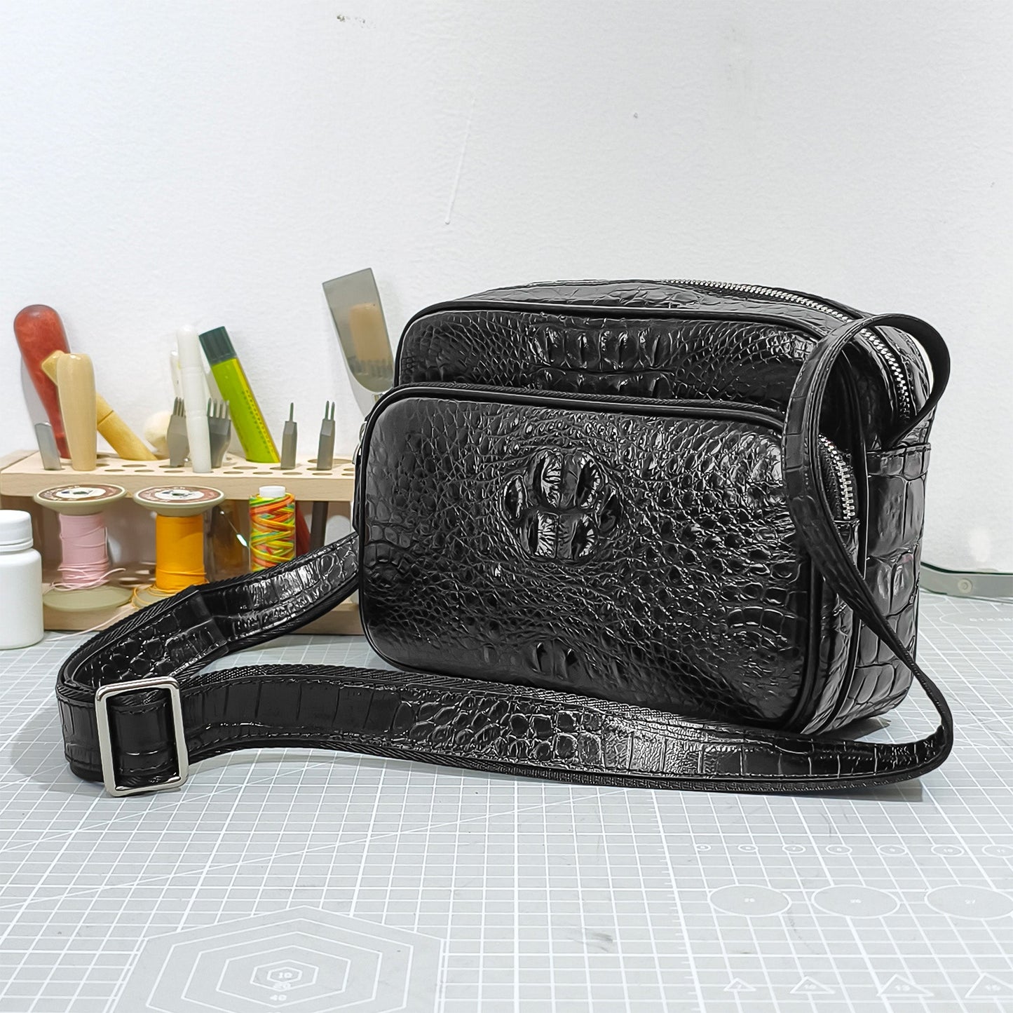 Handmade Genuine Alligator Leather Crossbody Bag, Glossy Black with Silver-Tone Hardware