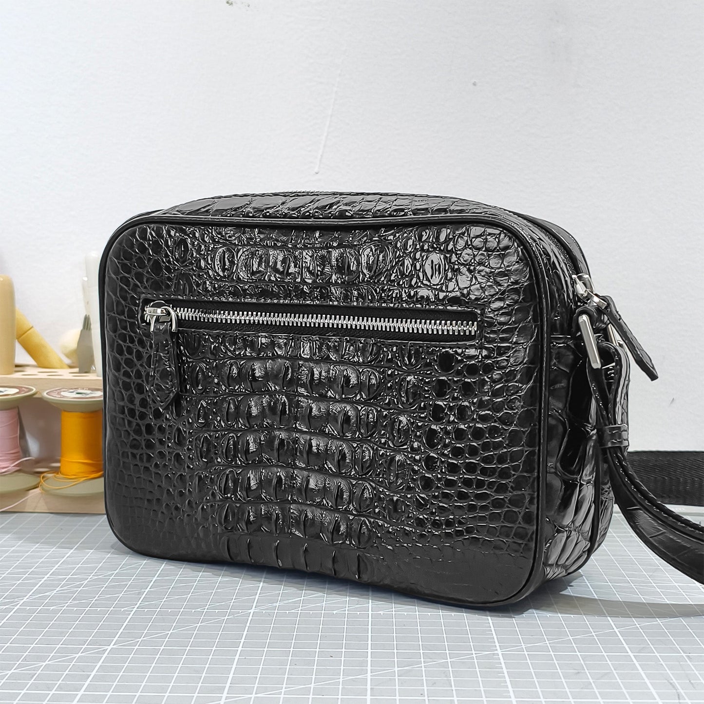 Handmade Genuine Alligator Leather Crossbody Bag, Glossy Black with Silver-Tone Hardware