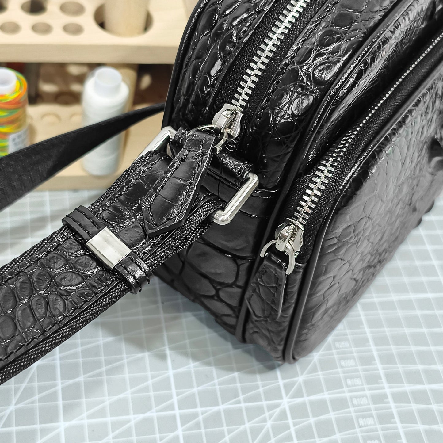 Handmade Genuine Alligator Leather Crossbody Bag, Glossy Black with Silver-Tone Hardware