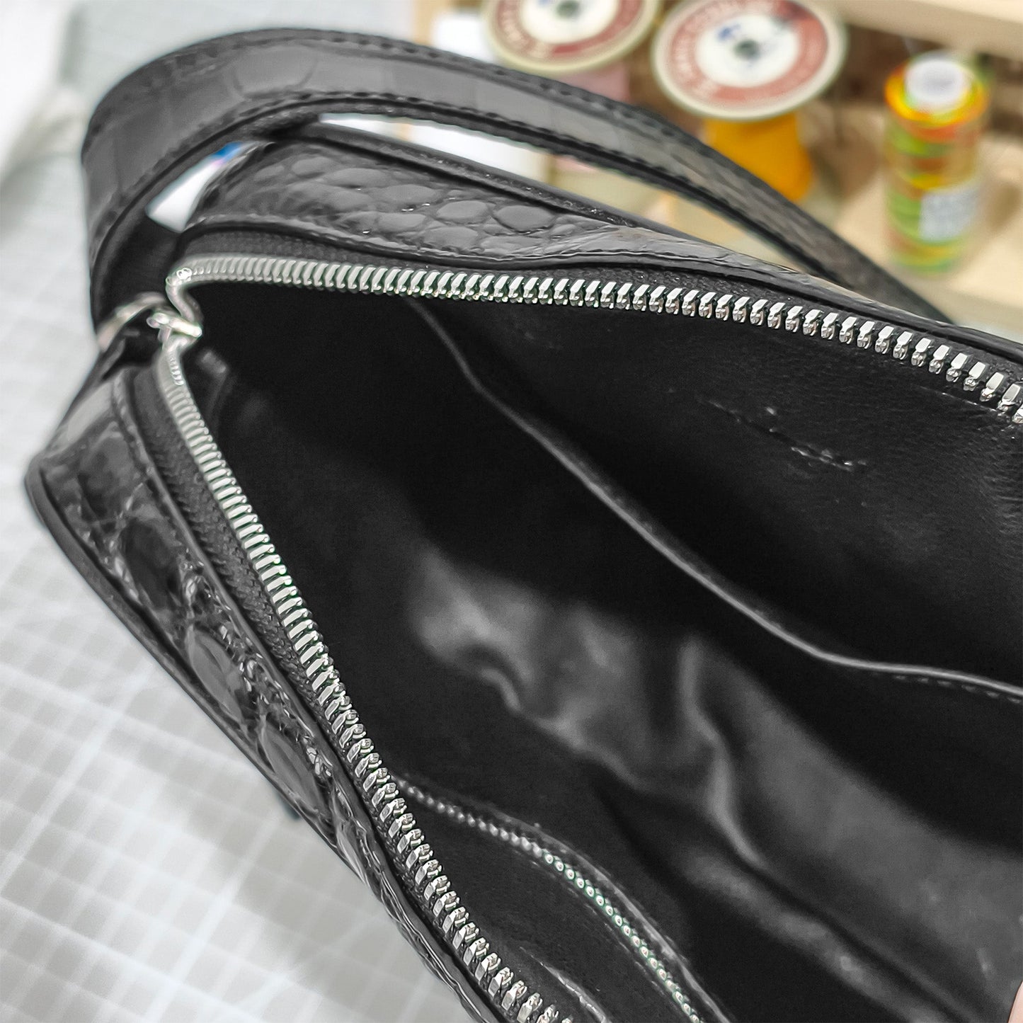 Handmade Genuine Alligator Leather Crossbody Bag, Glossy Black with Silver-Tone Hardware