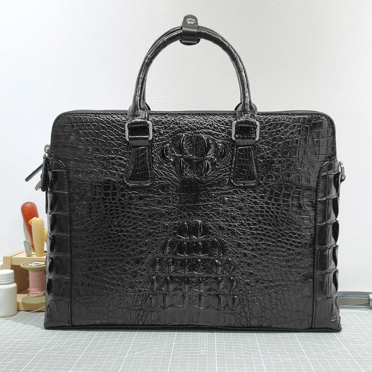 Handmade Genuine Alligator Leather Briefcase, Glossy Black with Versatile Business Design