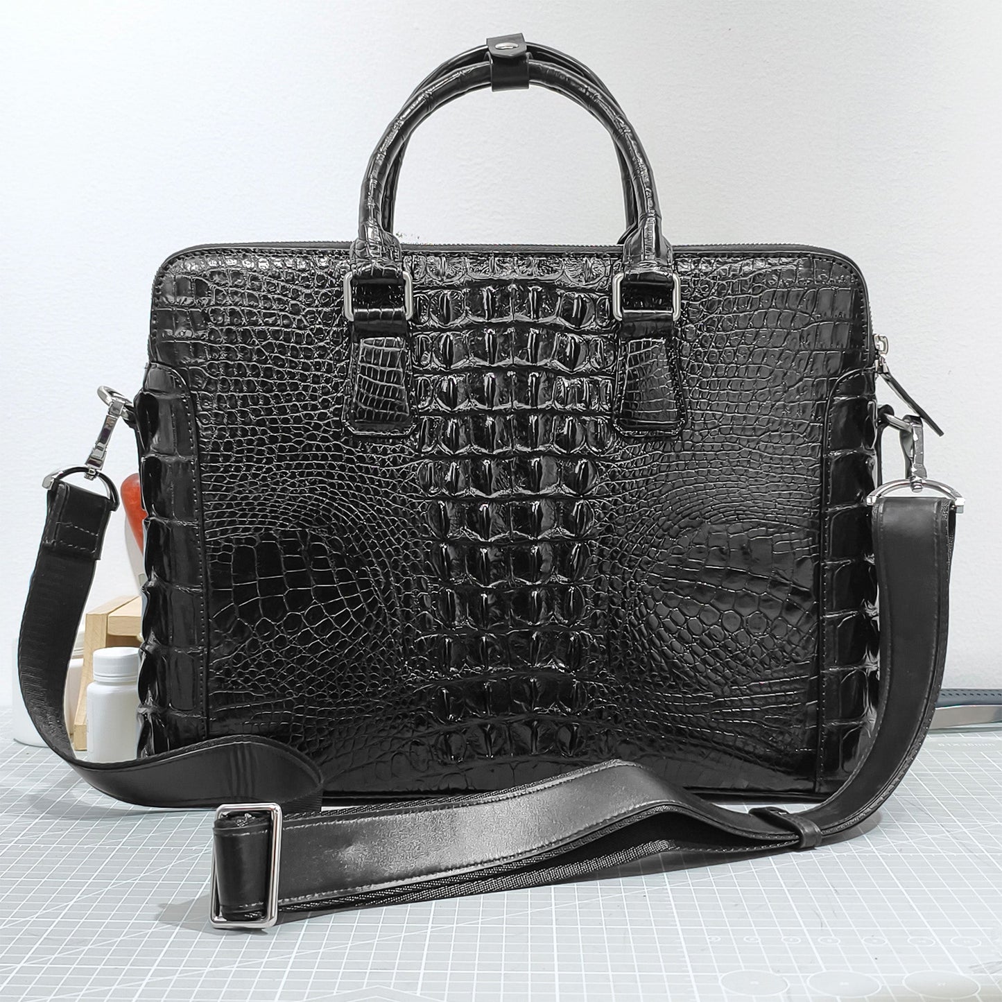 Handmade Genuine Alligator Leather Briefcase, Glossy Black with Versatile Business Design