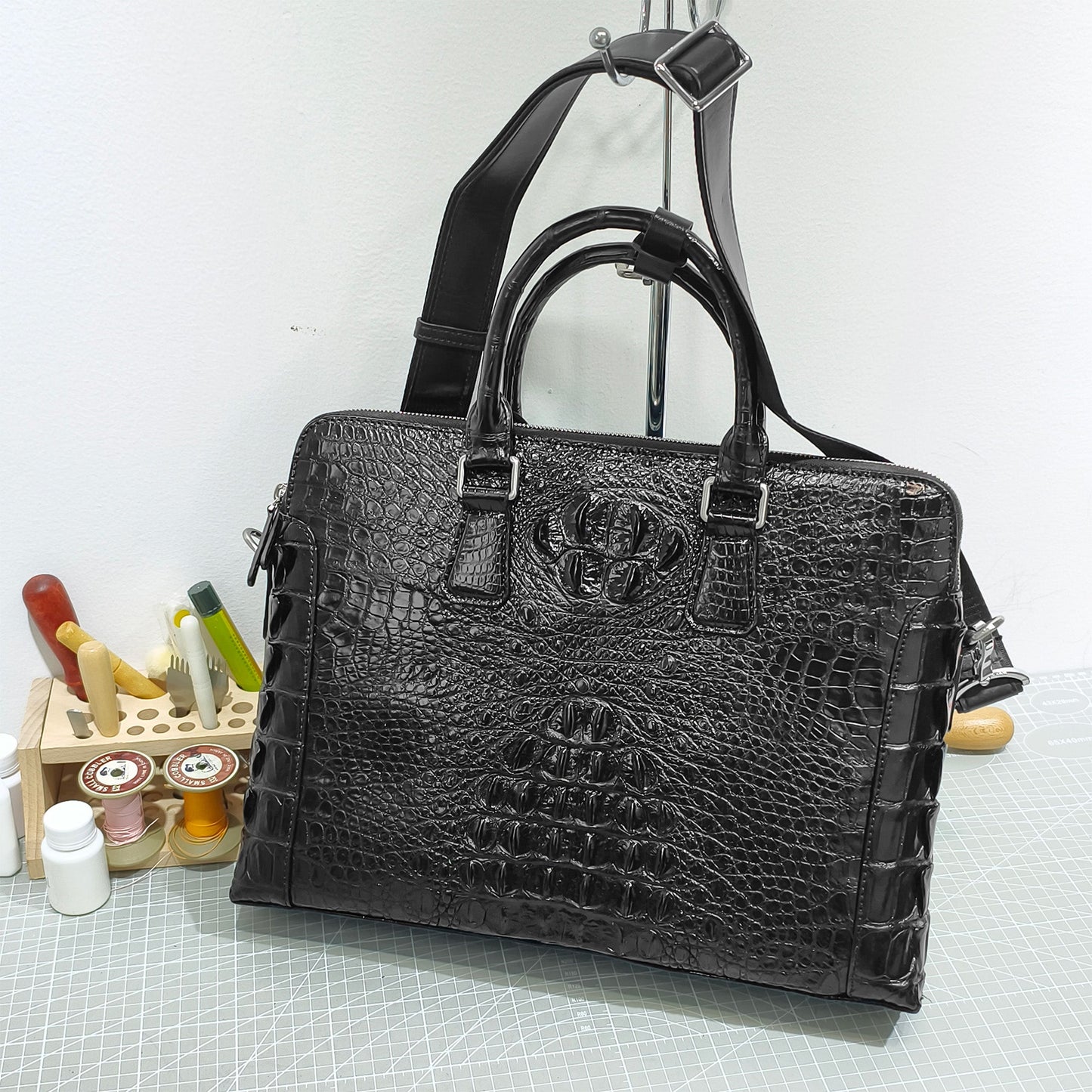 Handmade Genuine Alligator Leather Briefcase, Glossy Black with Versatile Business Design