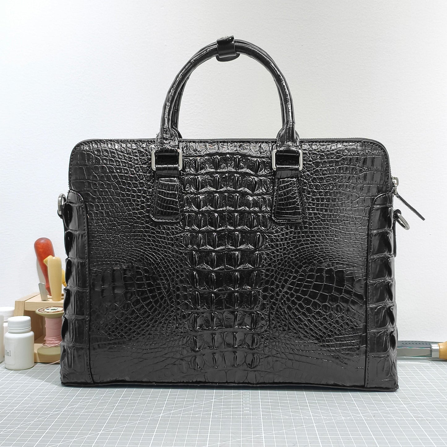 Handmade Genuine Alligator Leather Briefcase, Glossy Black with Versatile Business Design