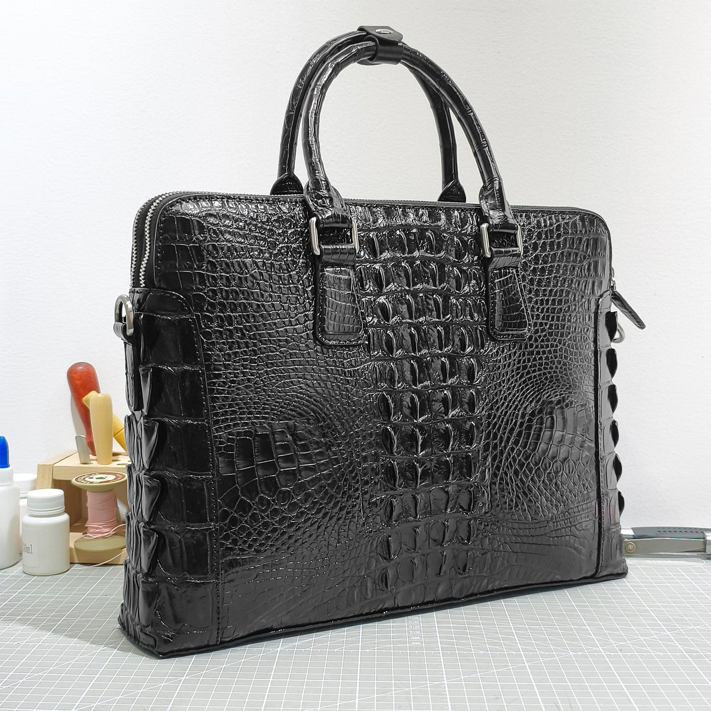 Handmade Genuine Alligator Leather Briefcase, Glossy Black with Versatile Business Design