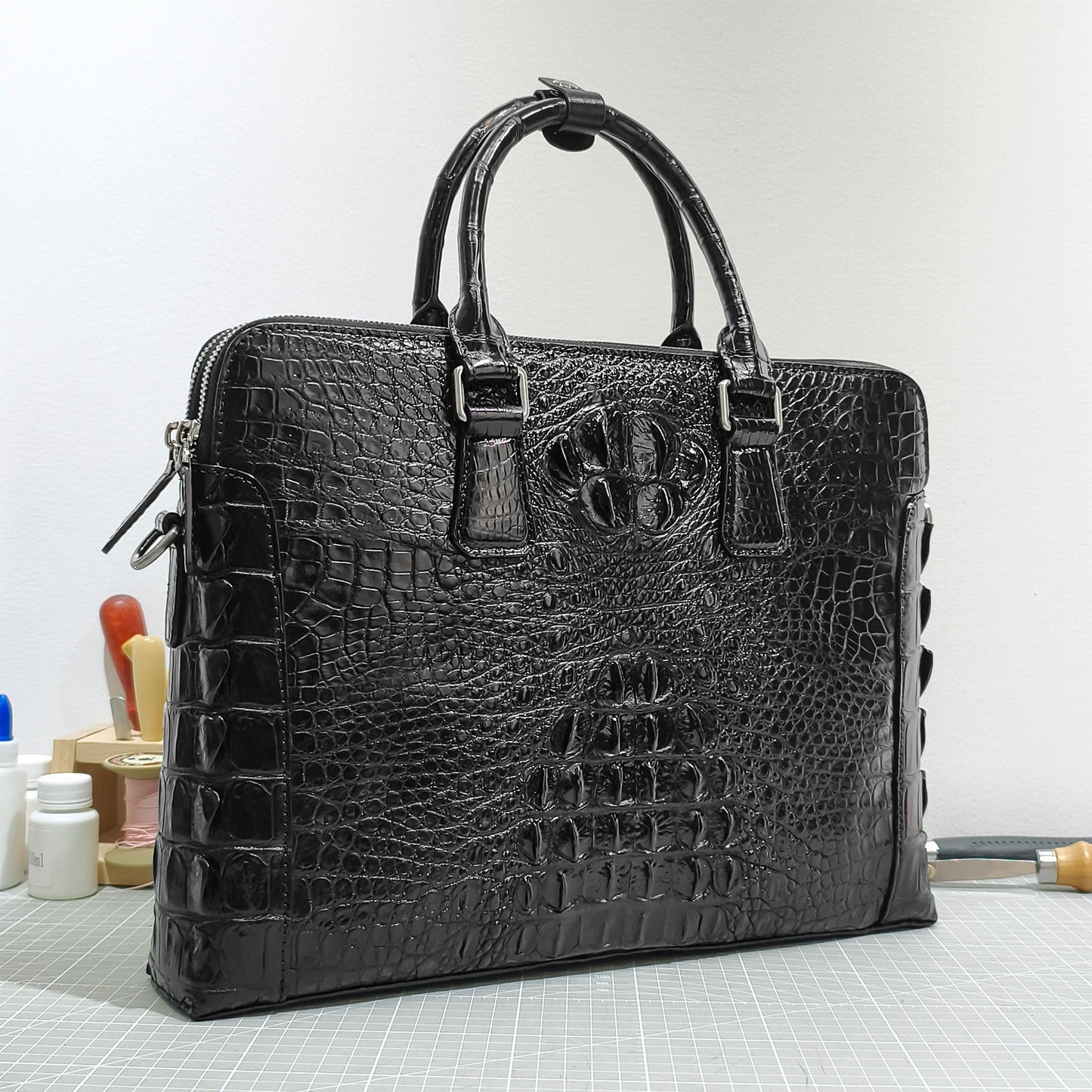 Handmade Genuine Alligator Leather Briefcase, Glossy Black with Versatile Business Design