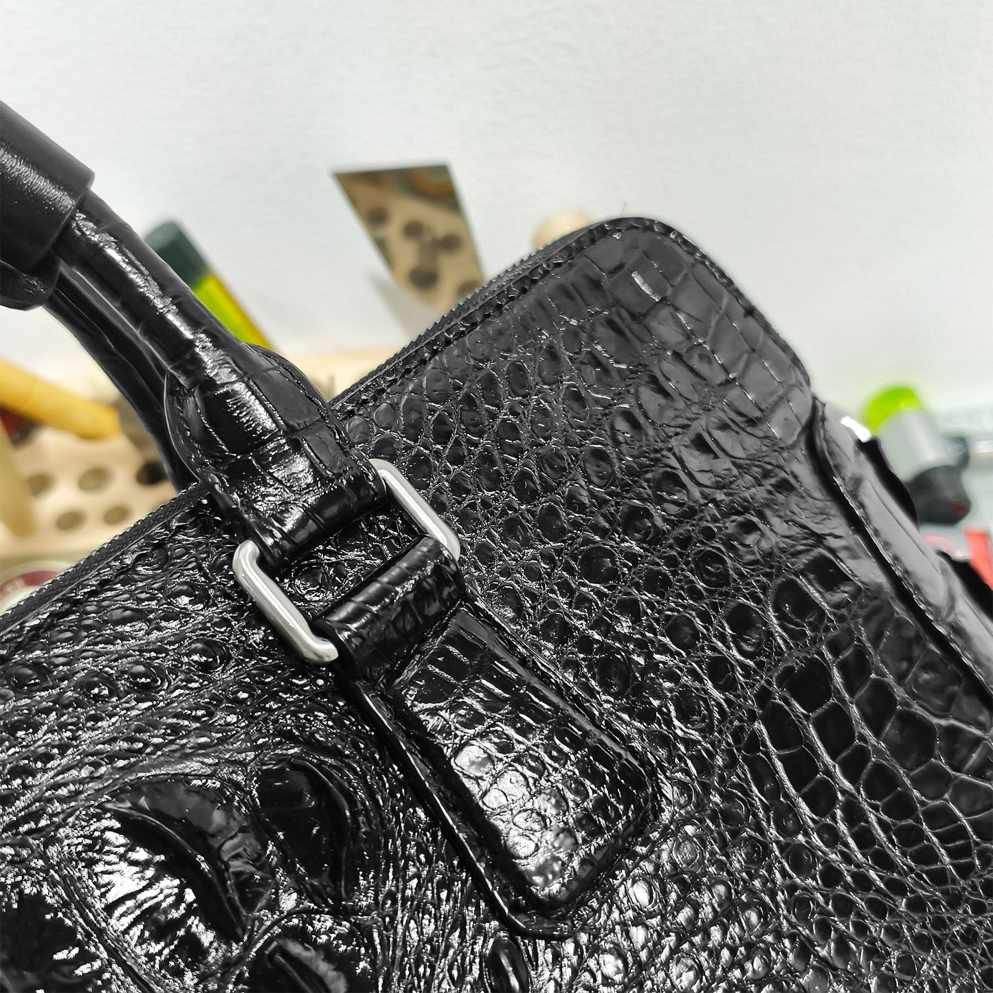 Handmade Genuine Alligator Leather Briefcase, Glossy Black with Versatile Business Design