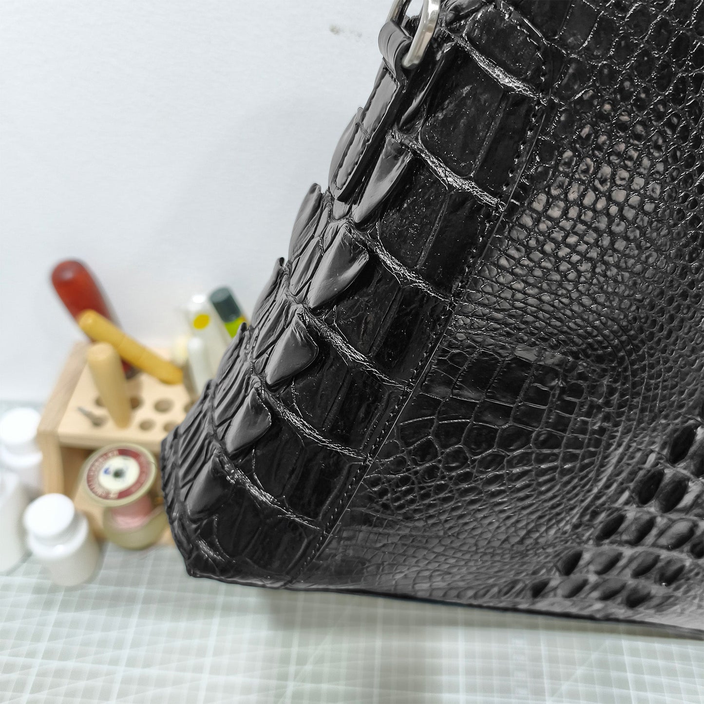 Handmade Genuine Alligator Leather Briefcase, Glossy Black with Versatile Business Design