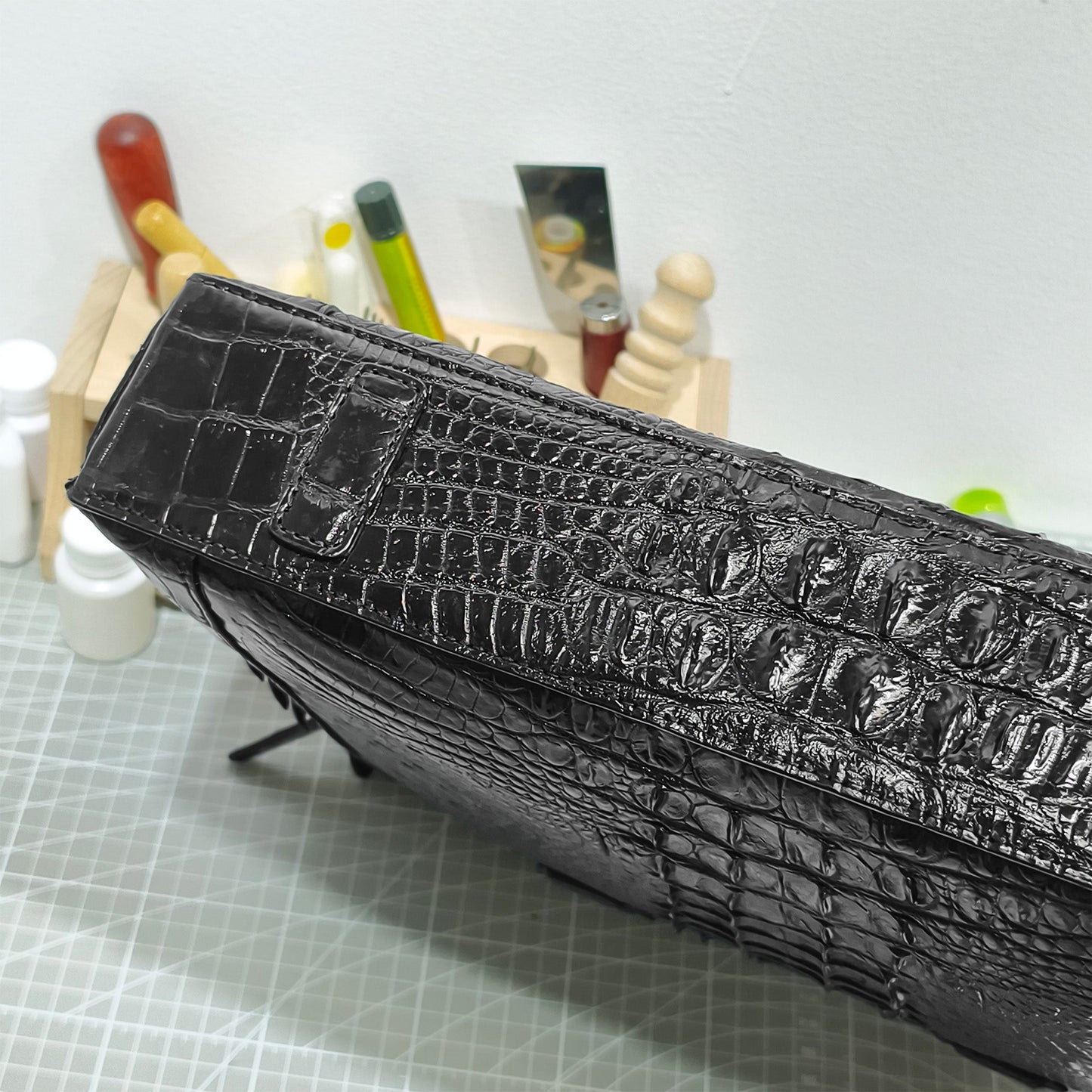 Handmade Genuine Alligator Leather Briefcase, Glossy Black with Versatile Business Design