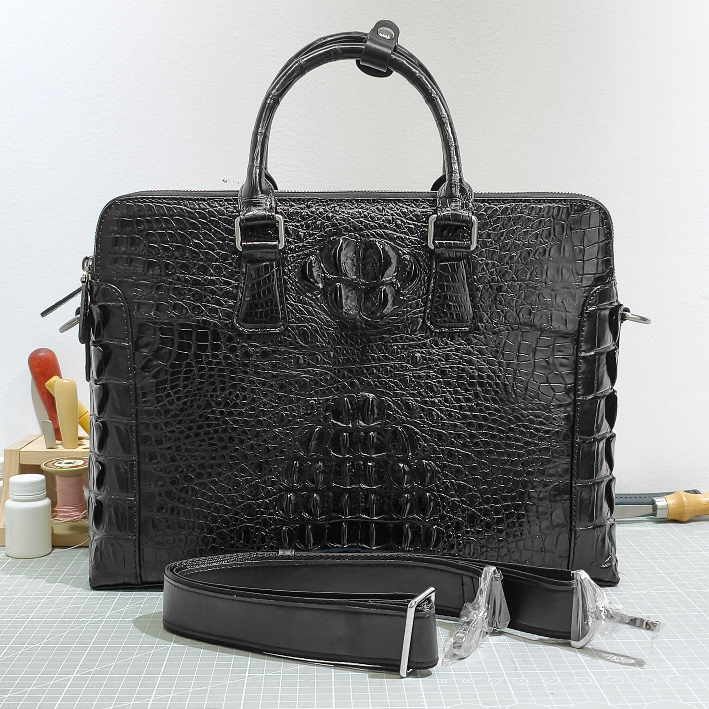 Handmade Genuine Alligator Leather Briefcase, Glossy Black with Versatile Business Design