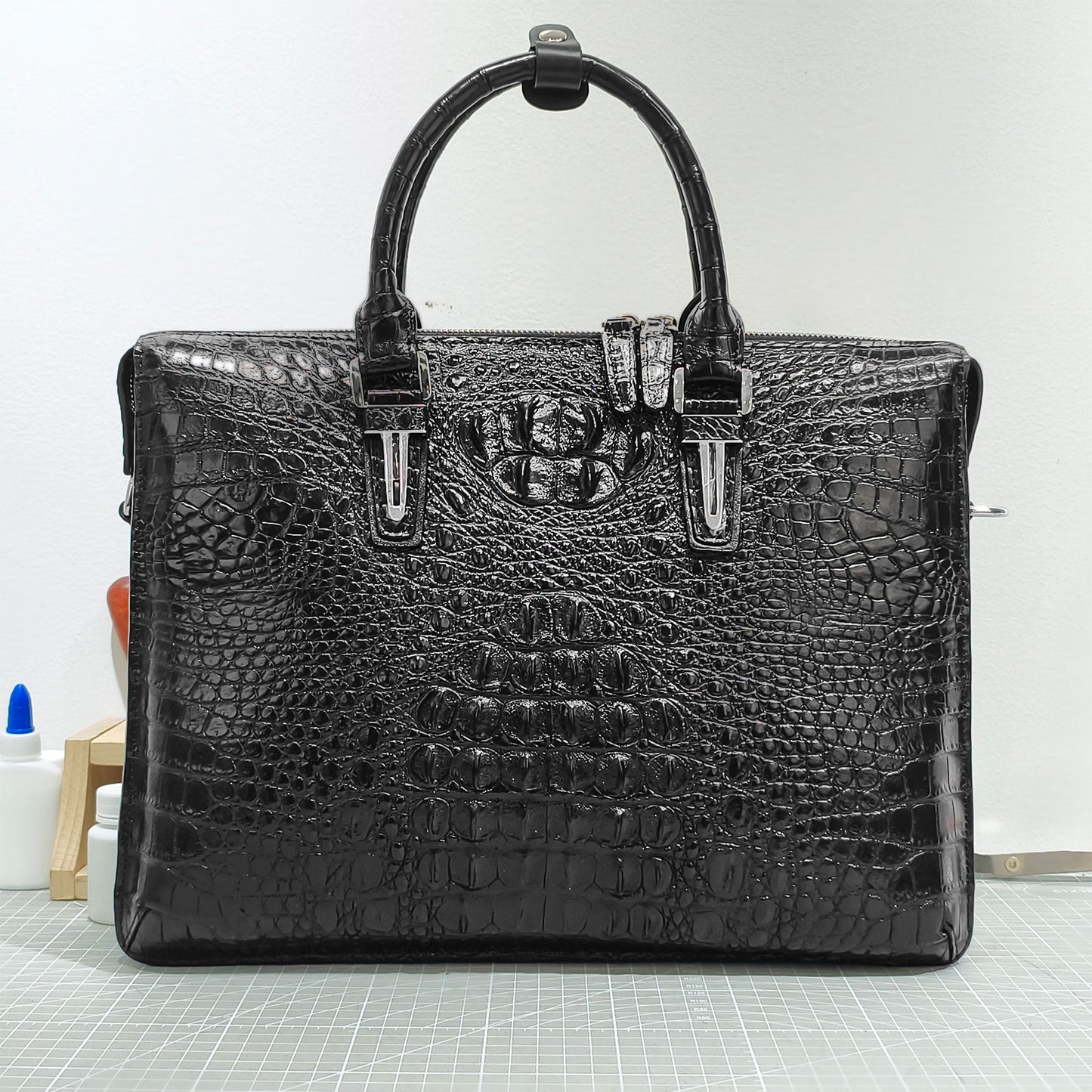 Handmade Genuine Alligator Leather Business Briefcase, Glossy Black with Spacious Work Design