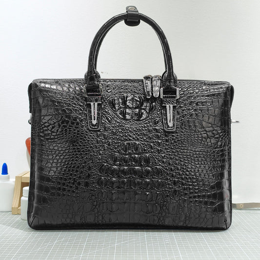 Handmade Genuine Alligator Leather Business Briefcase, Glossy Black with Spacious Work Design
