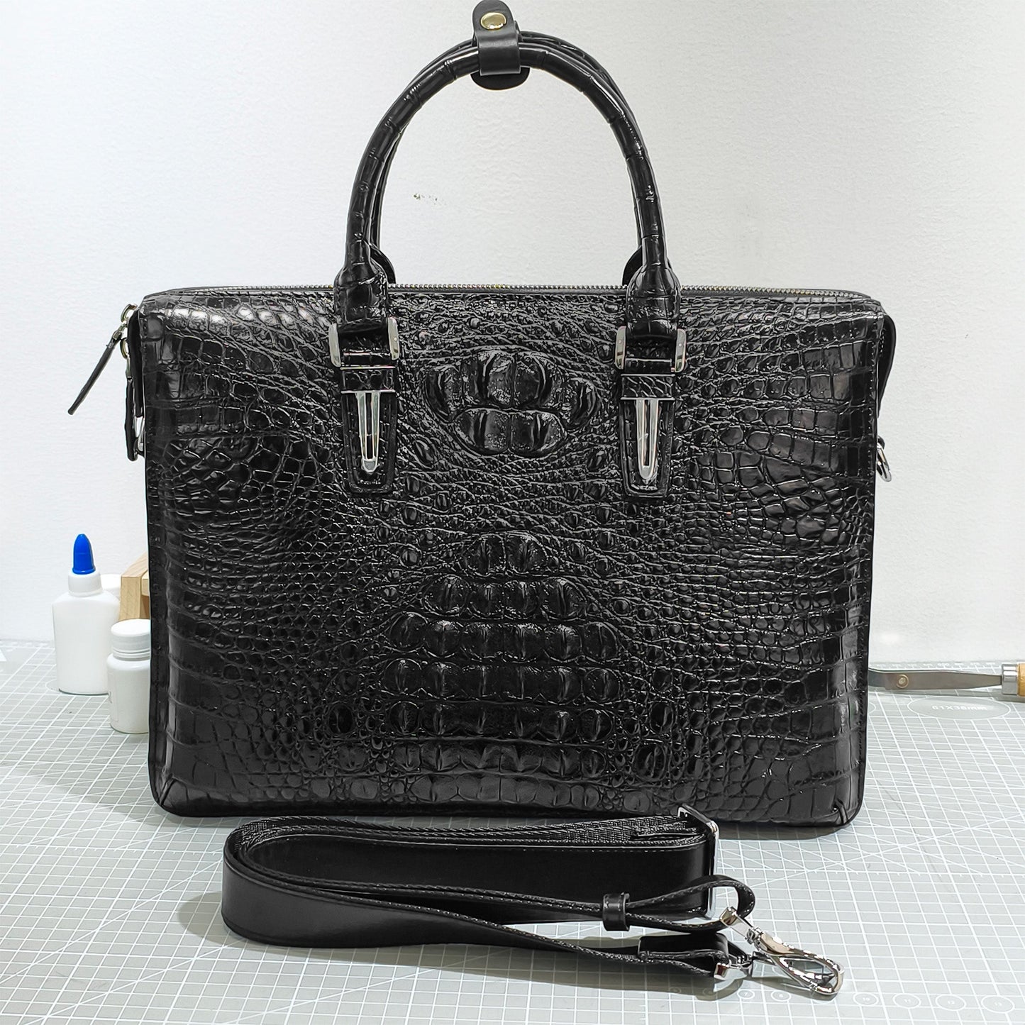 Handmade Genuine Alligator Leather Business Briefcase, Glossy Black with Spacious Work Design