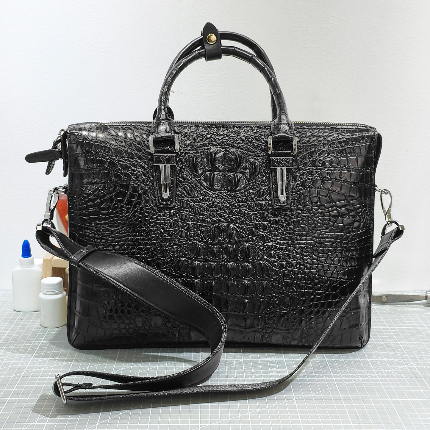 Handmade Genuine Alligator Leather Business Briefcase, Glossy Black with Spacious Work Design