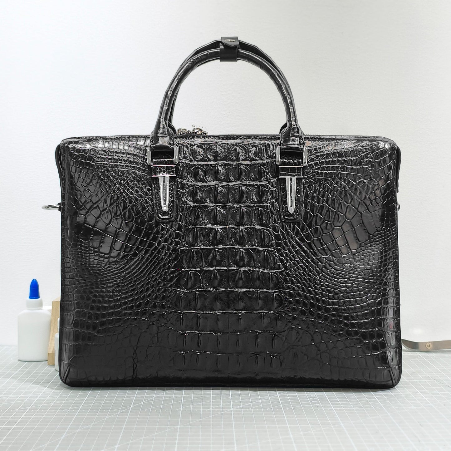 Handmade Genuine Alligator Leather Business Briefcase, Glossy Black with Spacious Work Design