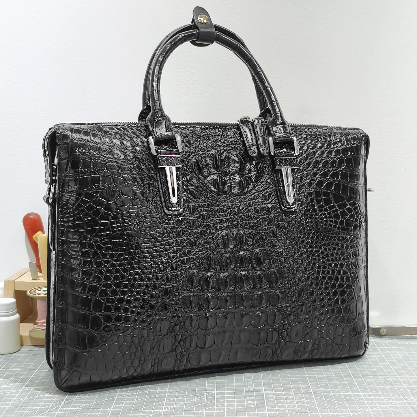 Handmade Genuine Alligator Leather Business Briefcase, Glossy Black with Spacious Work Design