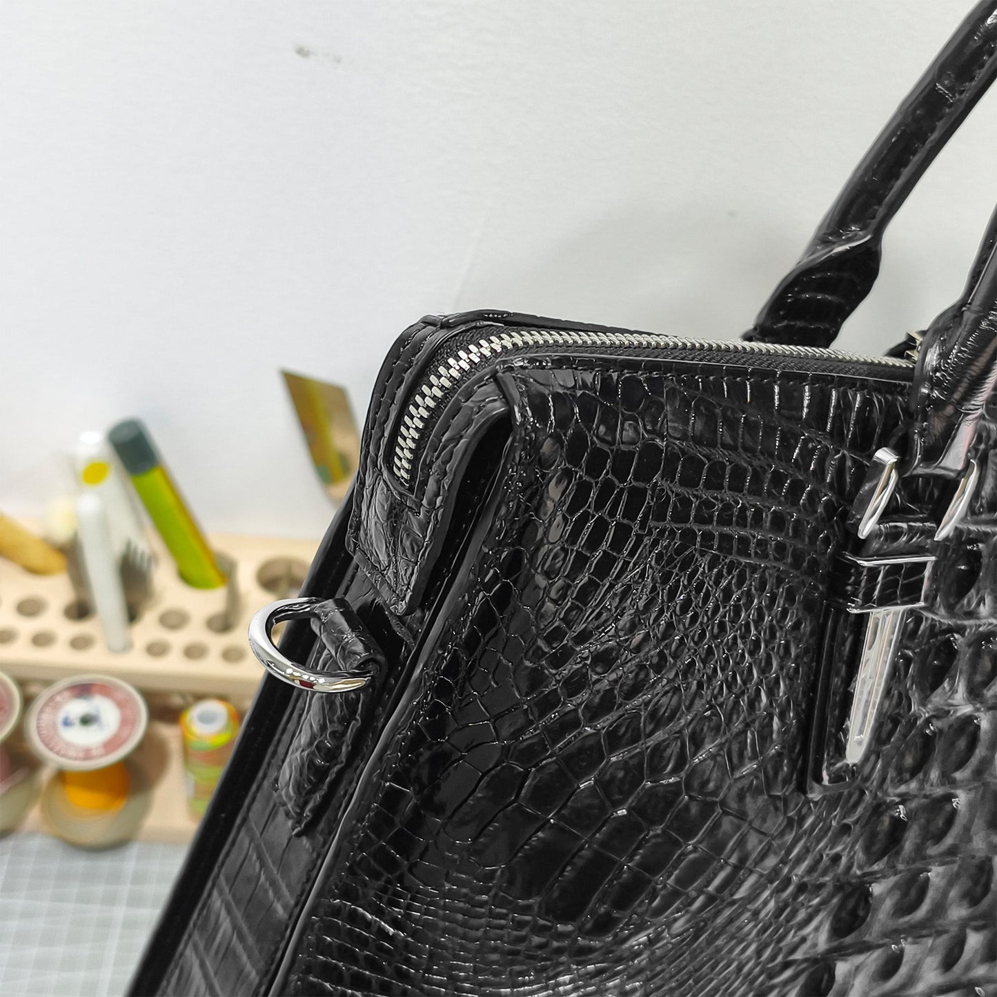 Handmade Genuine Alligator Leather Business Briefcase, Glossy Black with Spacious Work Design