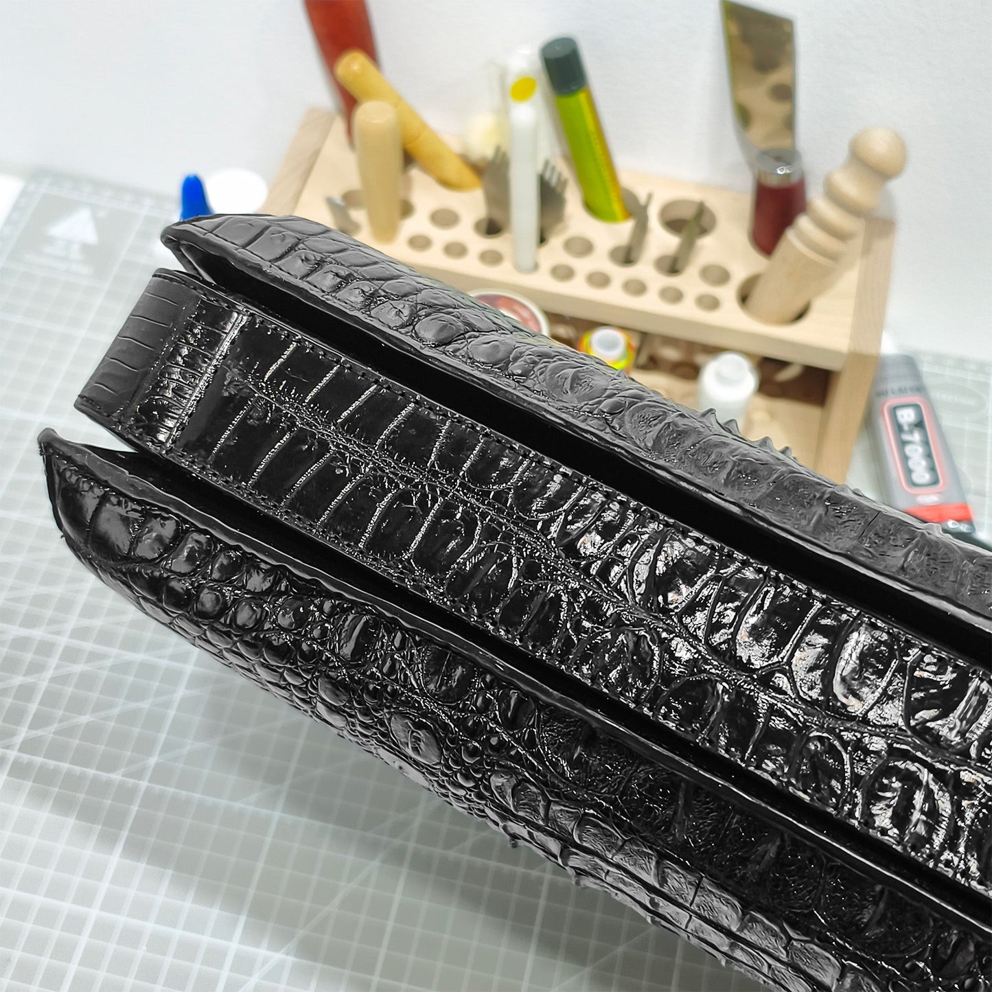 Handmade Genuine Alligator Leather Business Briefcase, Glossy Black with Spacious Work Design