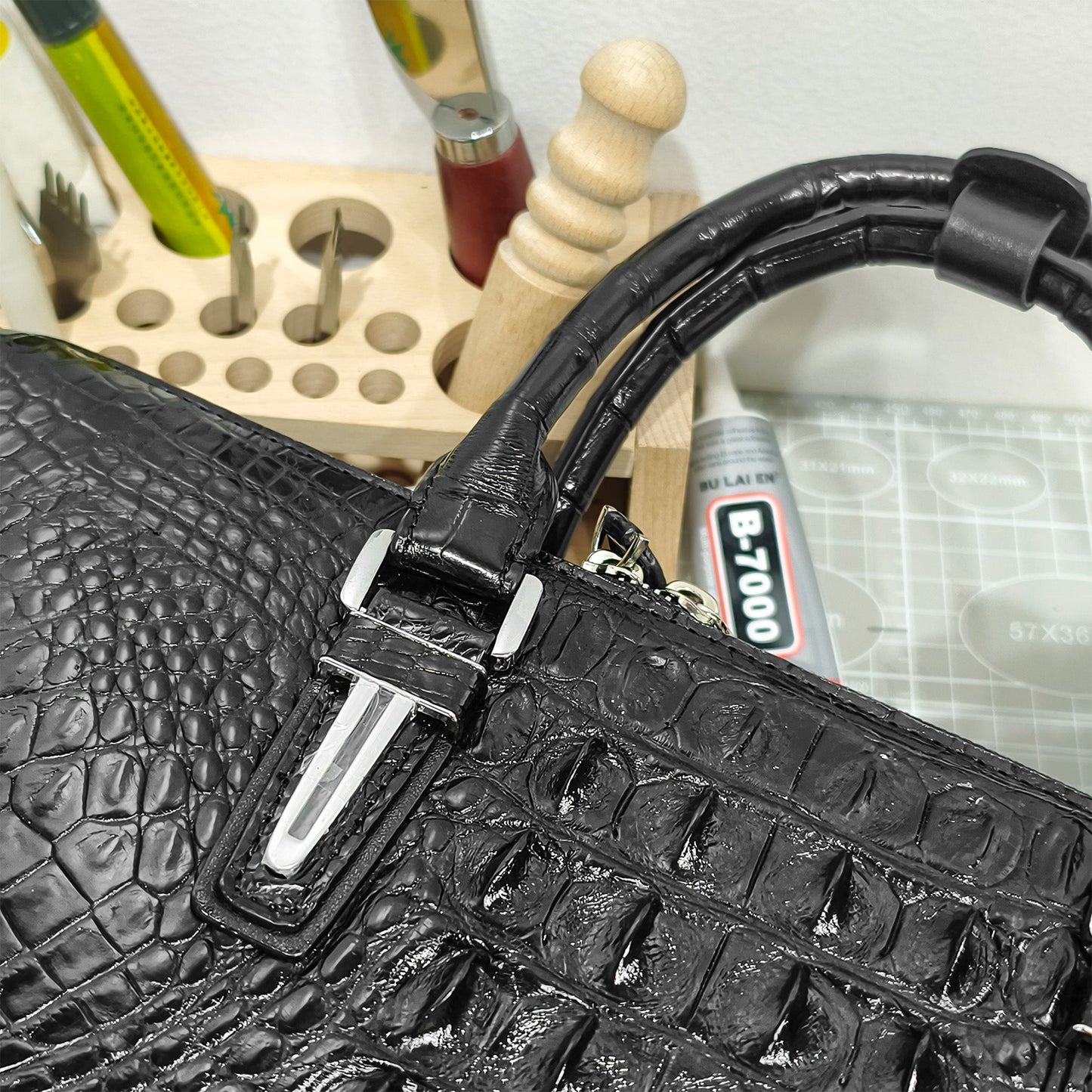 Handmade Genuine Alligator Leather Business Briefcase, Glossy Black with Spacious Work Design