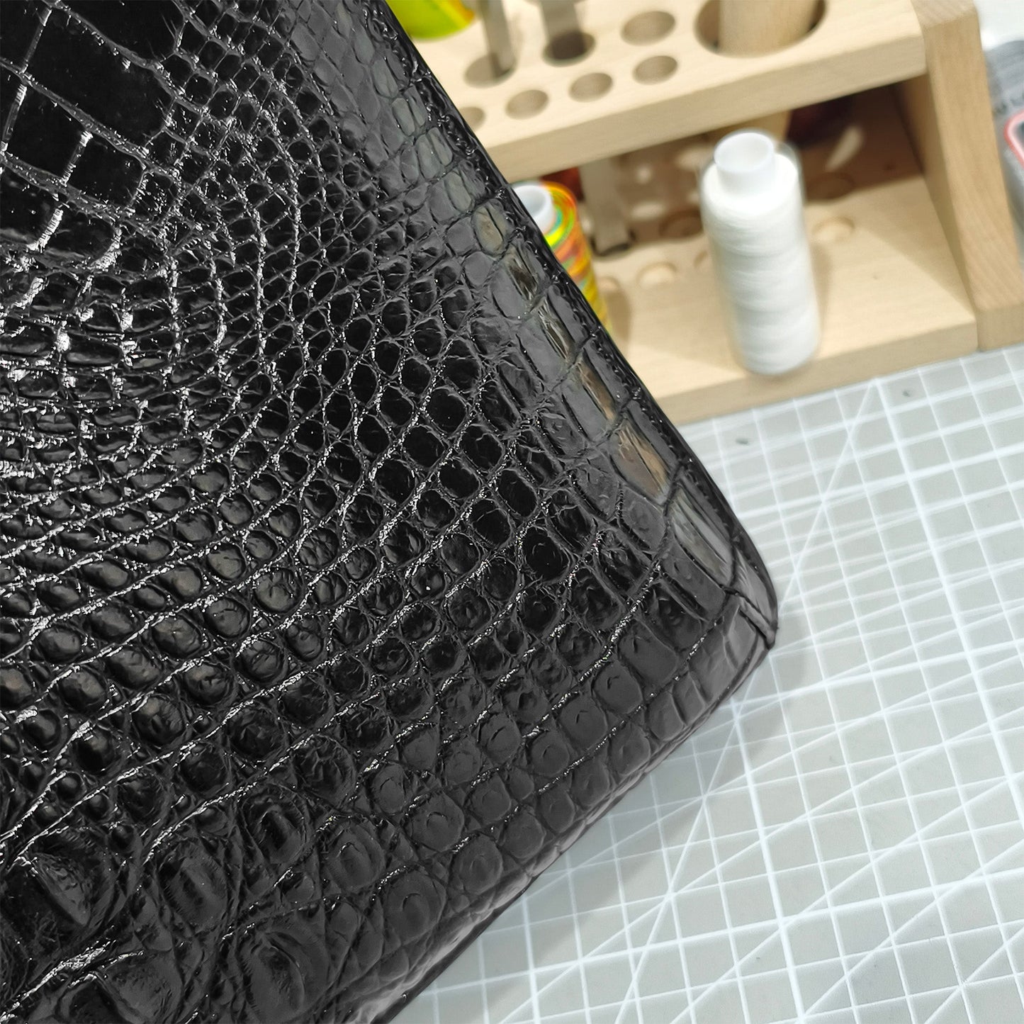 Handmade Genuine Alligator Leather Business Briefcase, Glossy Black with Spacious Work Design