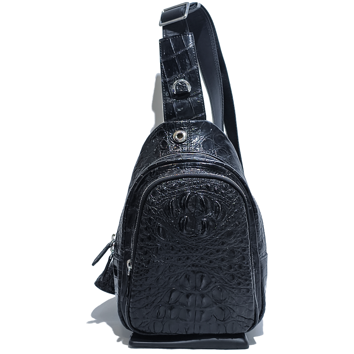 Handmade Genuine Alligator Leather Crossbody Bag, Glossy Black Adjustable Shoulder Strap