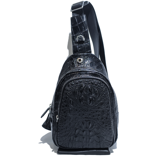 Handmade Genuine Alligator Leather Crossbody Bag, Glossy Black Adjustable Shoulder Strap
