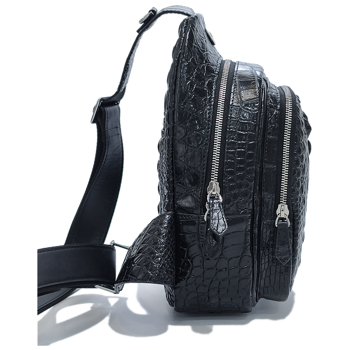 Handmade Genuine Alligator Leather Crossbody Bag, Glossy Black Adjustable Shoulder Strap