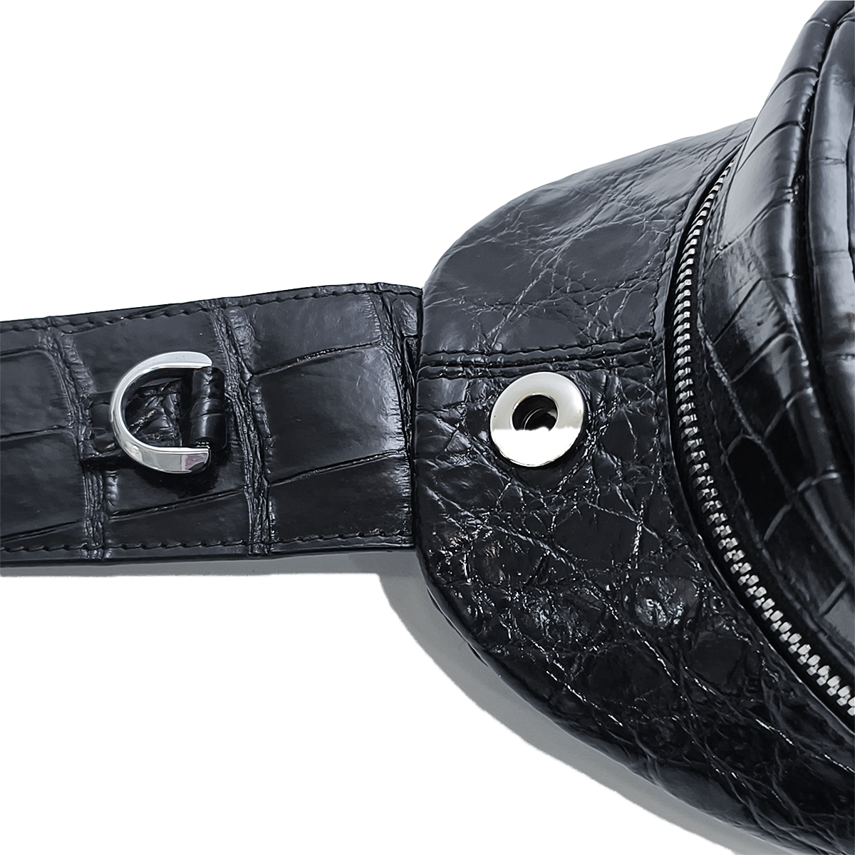 Handmade Genuine Alligator Leather Crossbody Bag, Glossy Black Adjustable Shoulder Strap