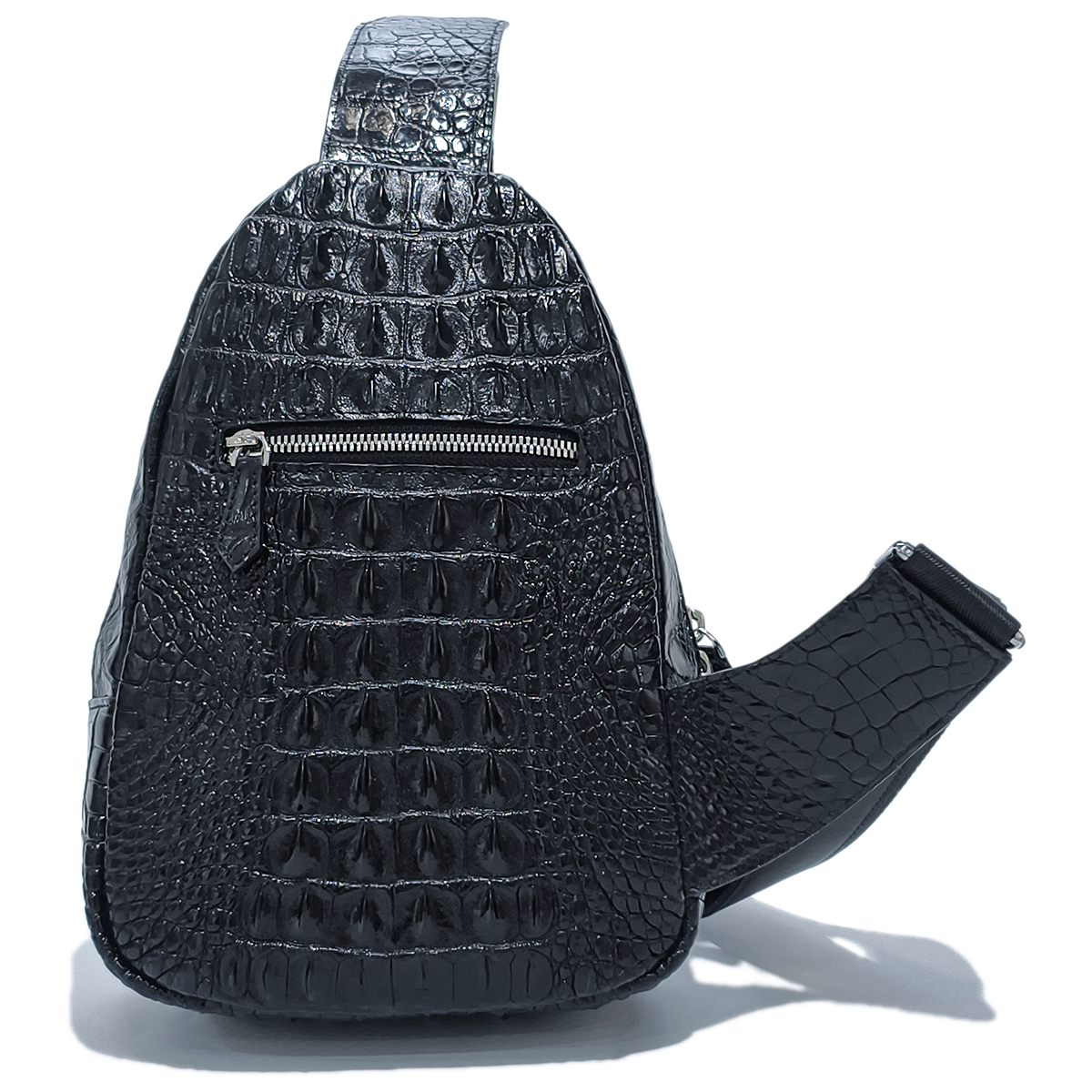 Handmade Genuine Alligator Leather Crossbody Bag, Glossy Black Adjustable Shoulder Strap
