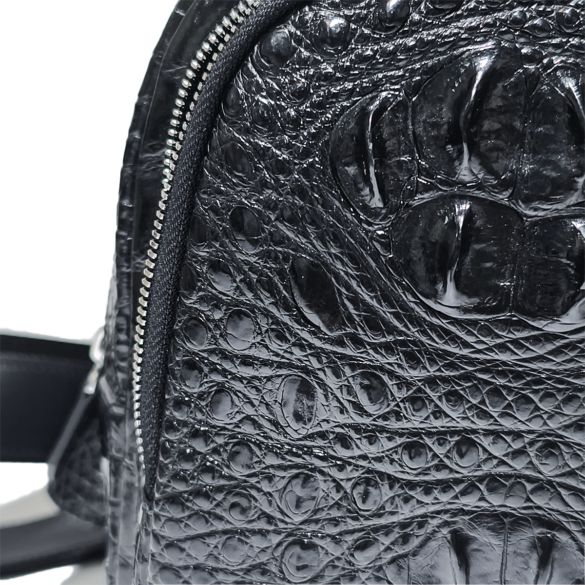 Handmade Genuine Alligator Leather Crossbody Bag, Glossy Black Adjustable Shoulder Strap