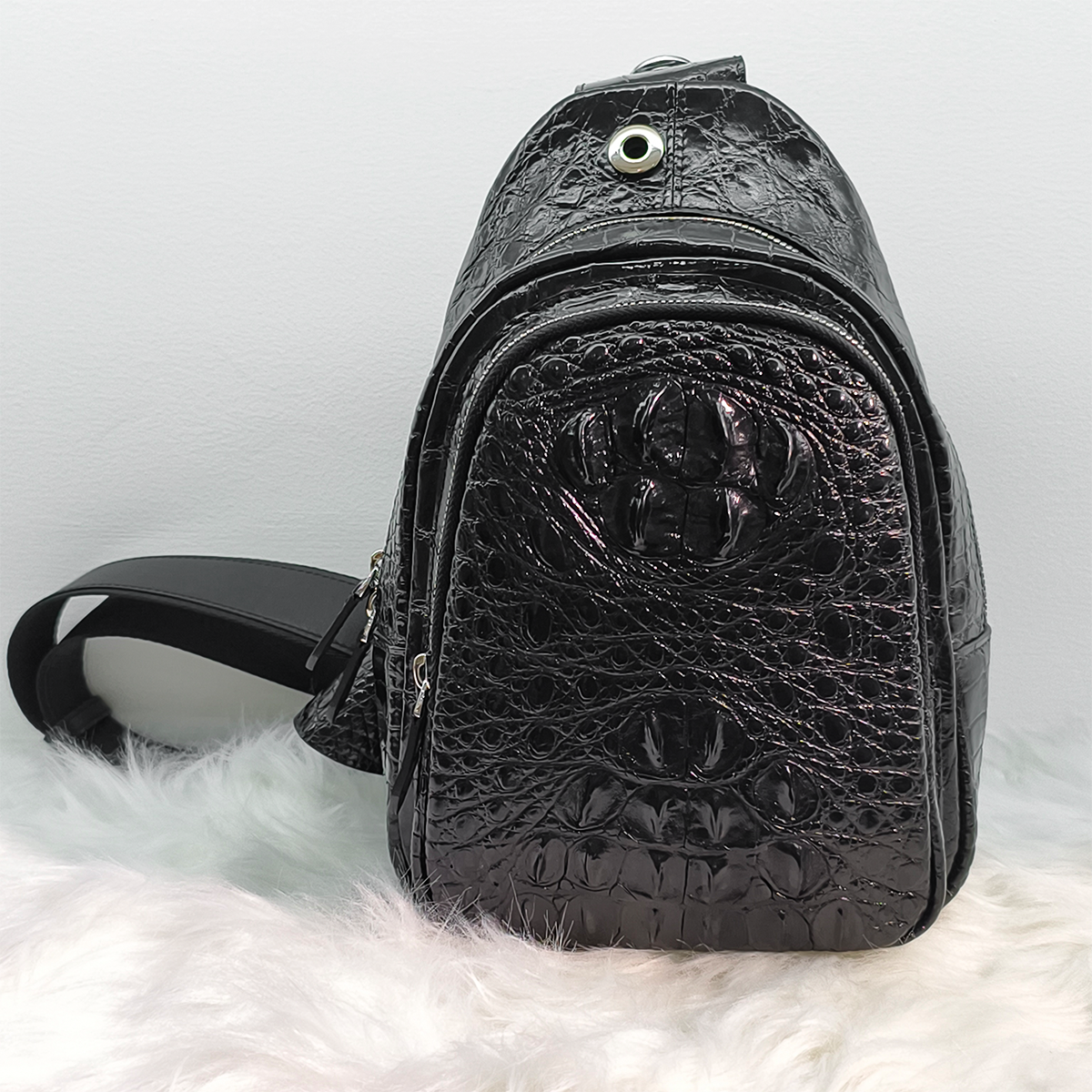 Handmade Genuine Alligator Leather Crossbody Bag, Glossy Black Adjustable Shoulder Strap