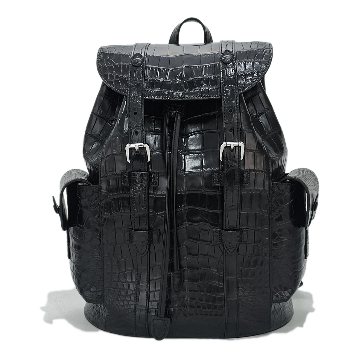 Handmade Genuine Alligator Leather Backpack, Glossy Black with Drawstring Closure